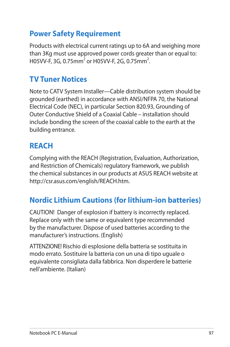 Power safety requirement, Tv tuner notices, Reach | Asus UX52VS User Manual | Page 97 / 104
