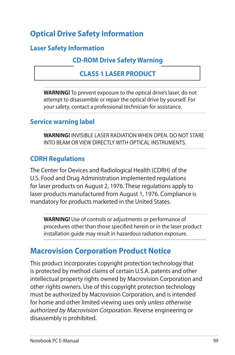 Optical drive safety information, Macrovision corporation product notice | Asus UX52VS User Manual | Page 99 / 104