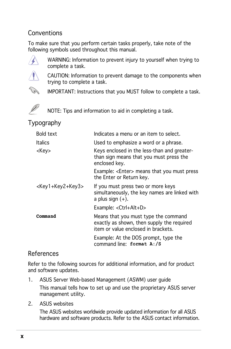 References, Conventions, Typography | Asus RS161-E4/PA2 User Manual | Page 10 / 126
