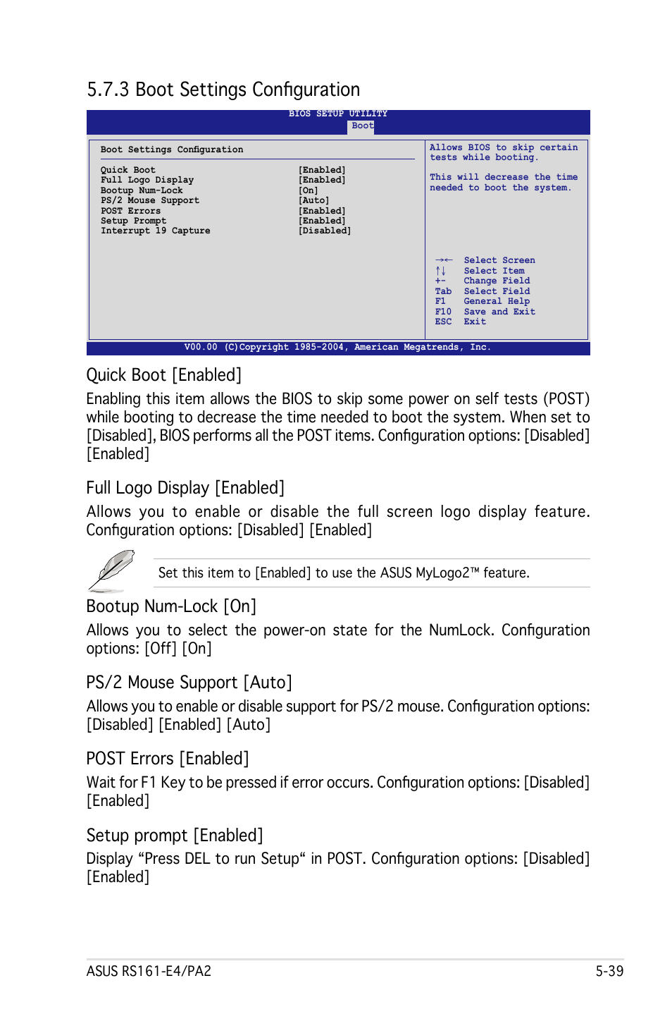 3 boot settings configuration, Quick boot [enabled, Full logo display [enabled | Bootup num-lock [on, Ps/2 mouse support [auto, Post errors [enabled, Setup prompt [enabled | Asus RS161-E4/PA2 User Manual | Page 103 / 126