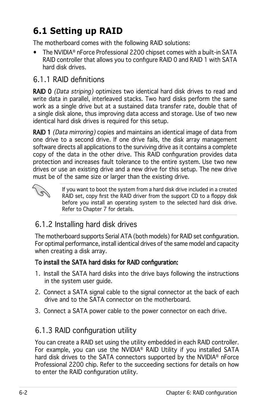 1 setting up raid, 1 raid definitions, 2 installing hard disk drives | 3 raid configuration utility | Asus RS161-E4/PA2 User Manual | Page 108 / 126