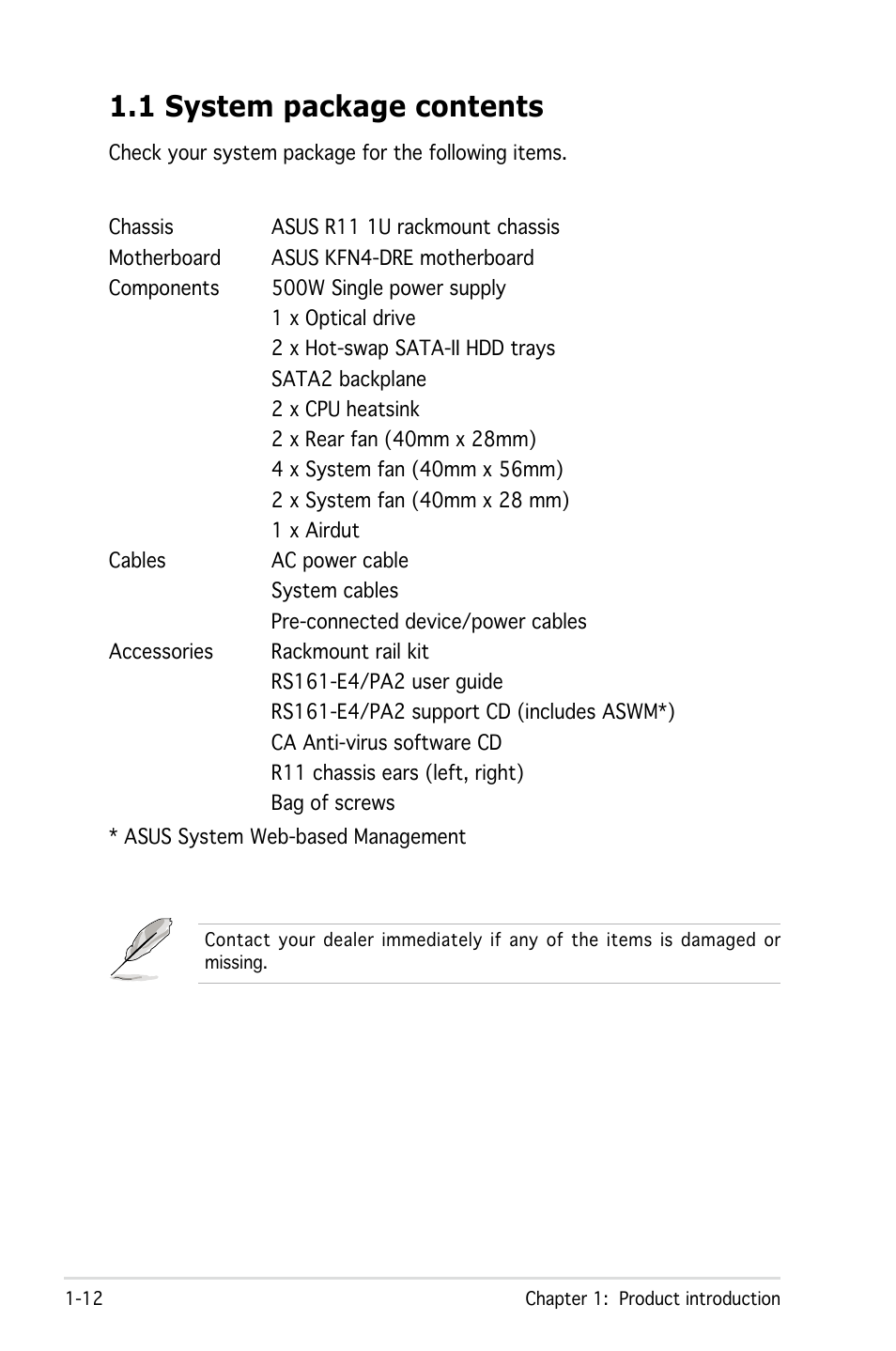 1 system package contents | Asus RS161-E4/PA2 User Manual | Page 12 / 126