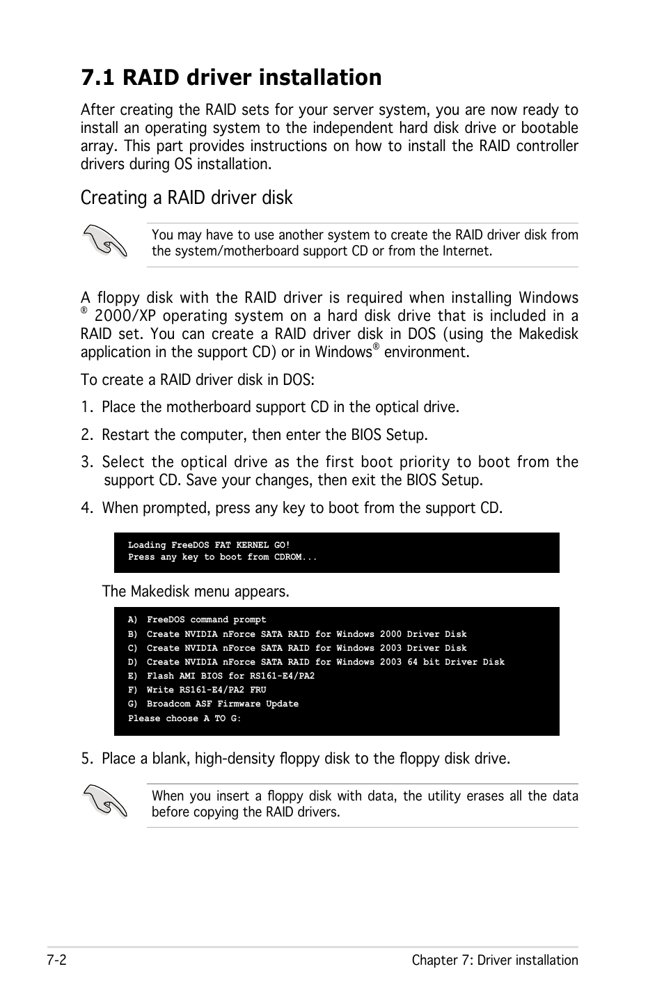 1 raid driver installation, Creating a raid driver disk | Asus RS161-E4/PA2 User Manual | Page 120 / 126