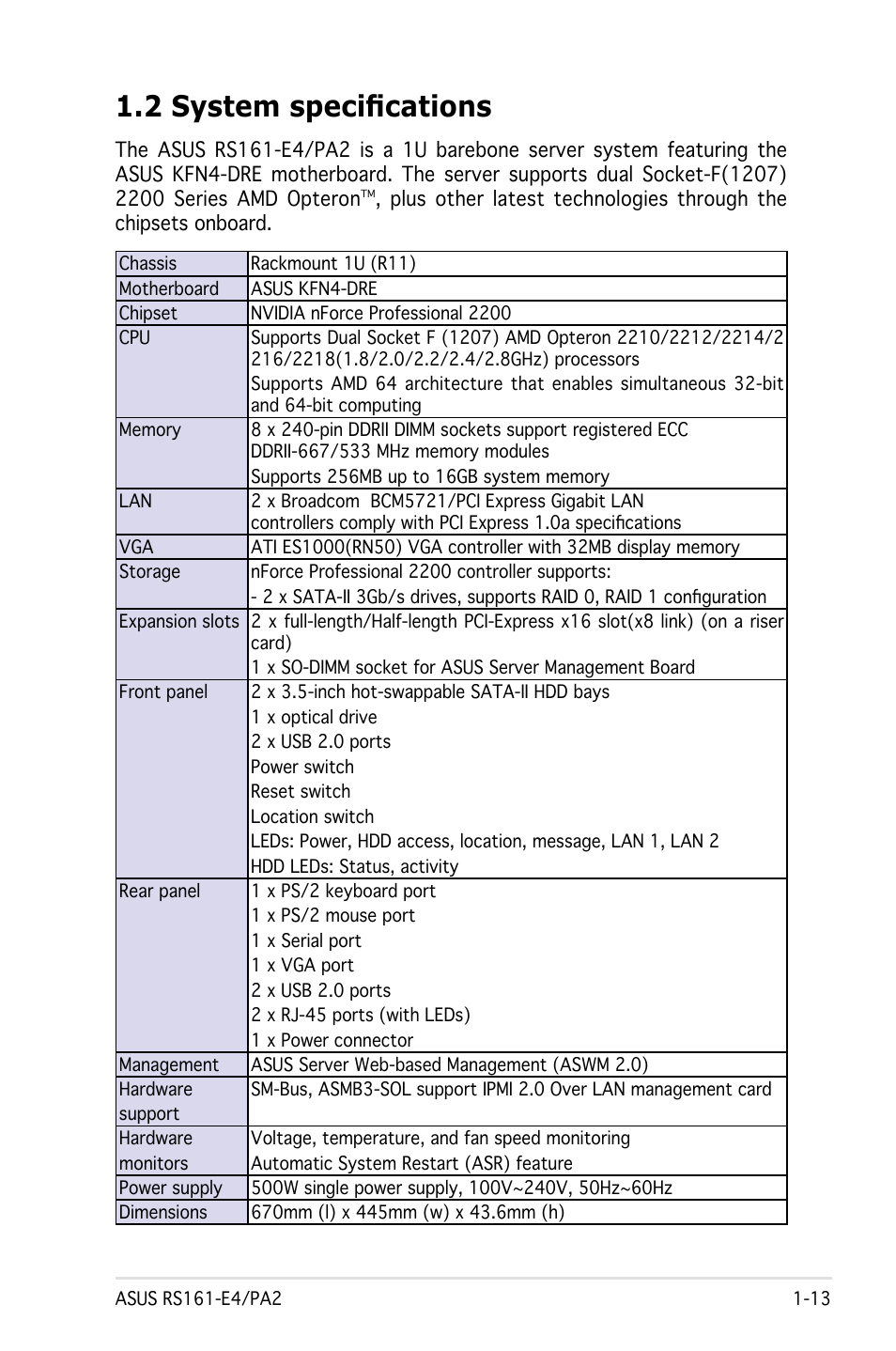 2 system specifications | Asus RS161-E4/PA2 User Manual | Page 13 / 126