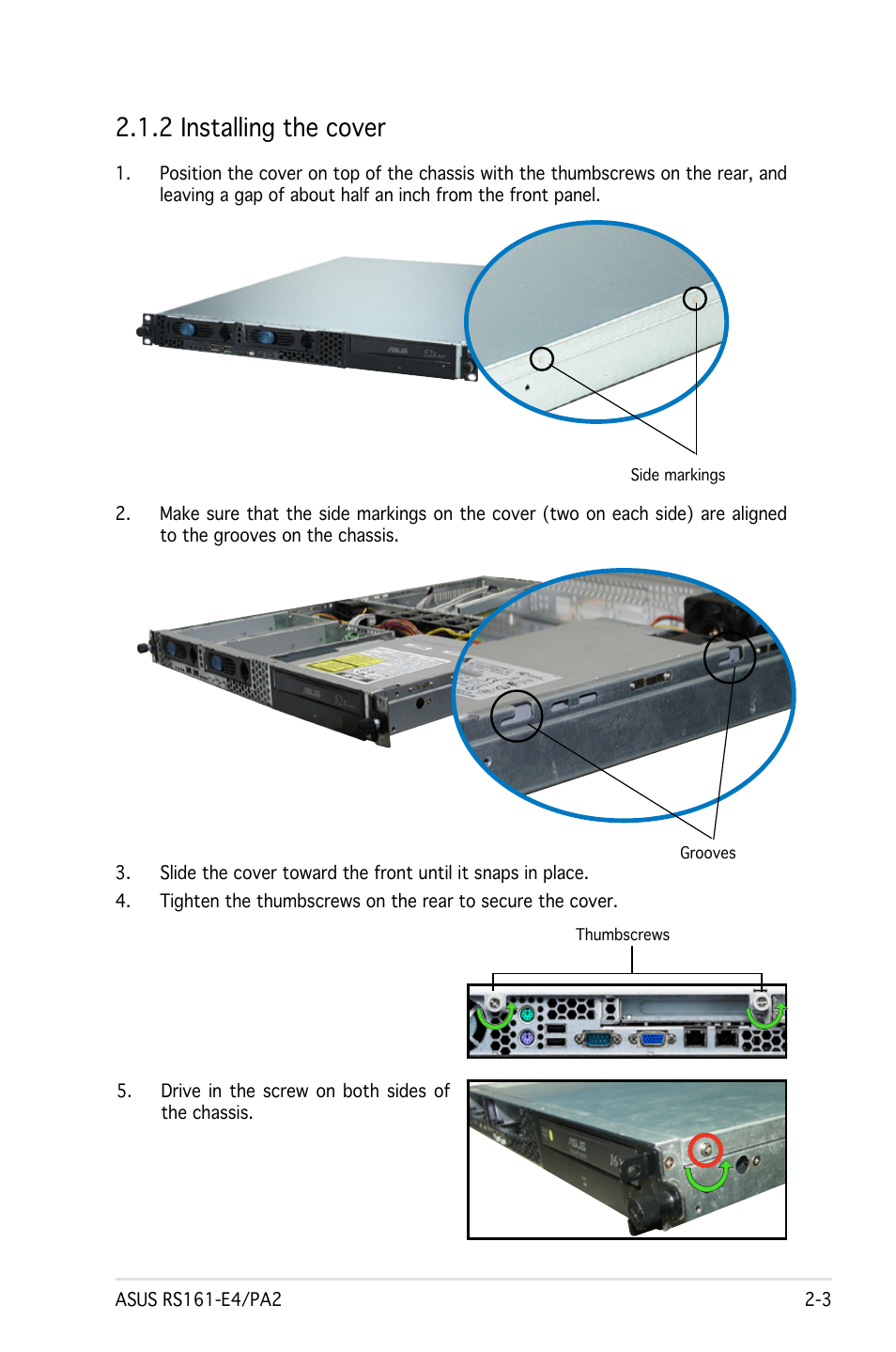 2 installing the cover | Asus RS161-E4/PA2 User Manual | Page 19 / 126