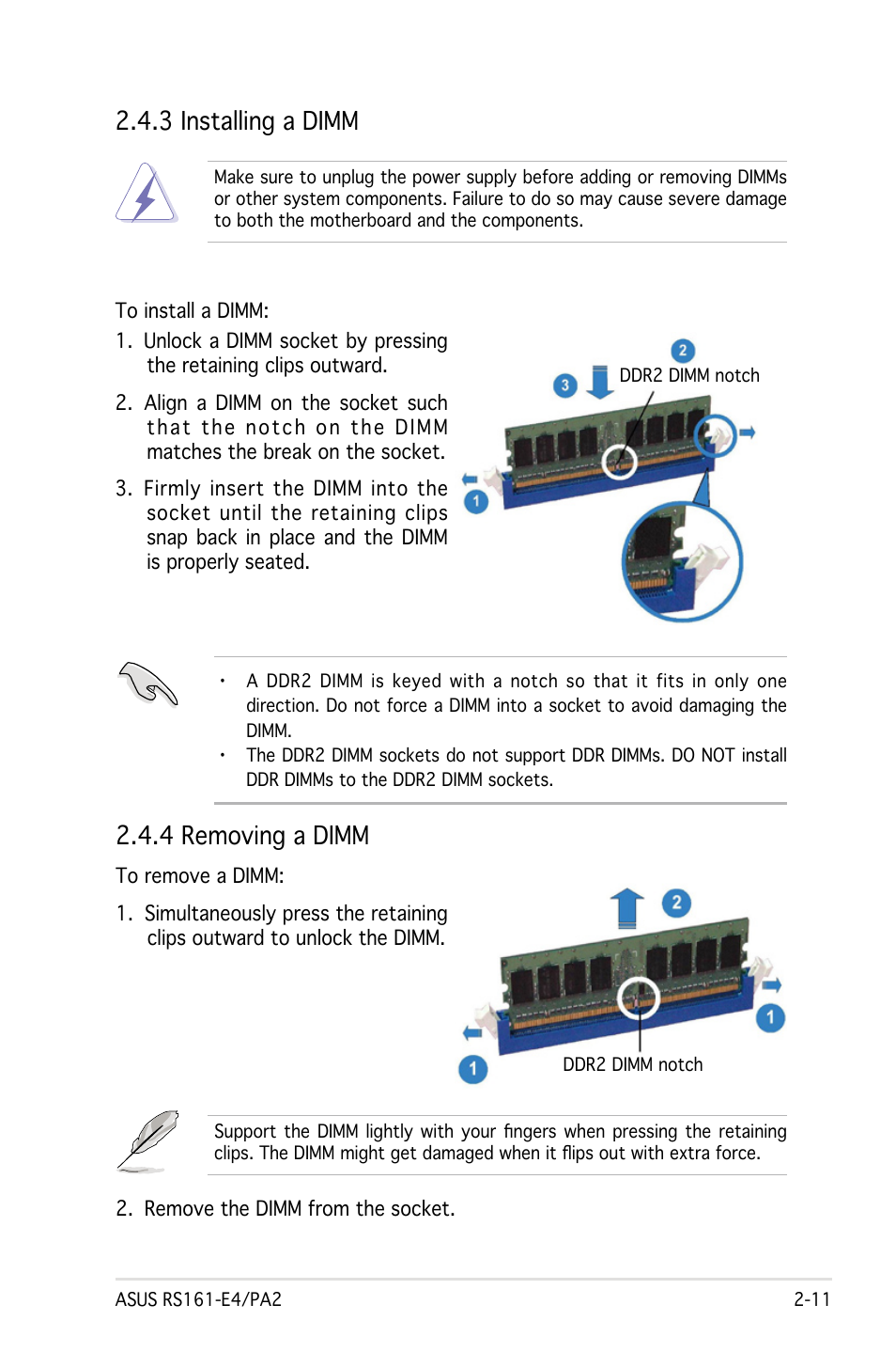3 installing a dimm, 4 removing a dimm | Asus RS161-E4/PA2 User Manual | Page 27 / 126