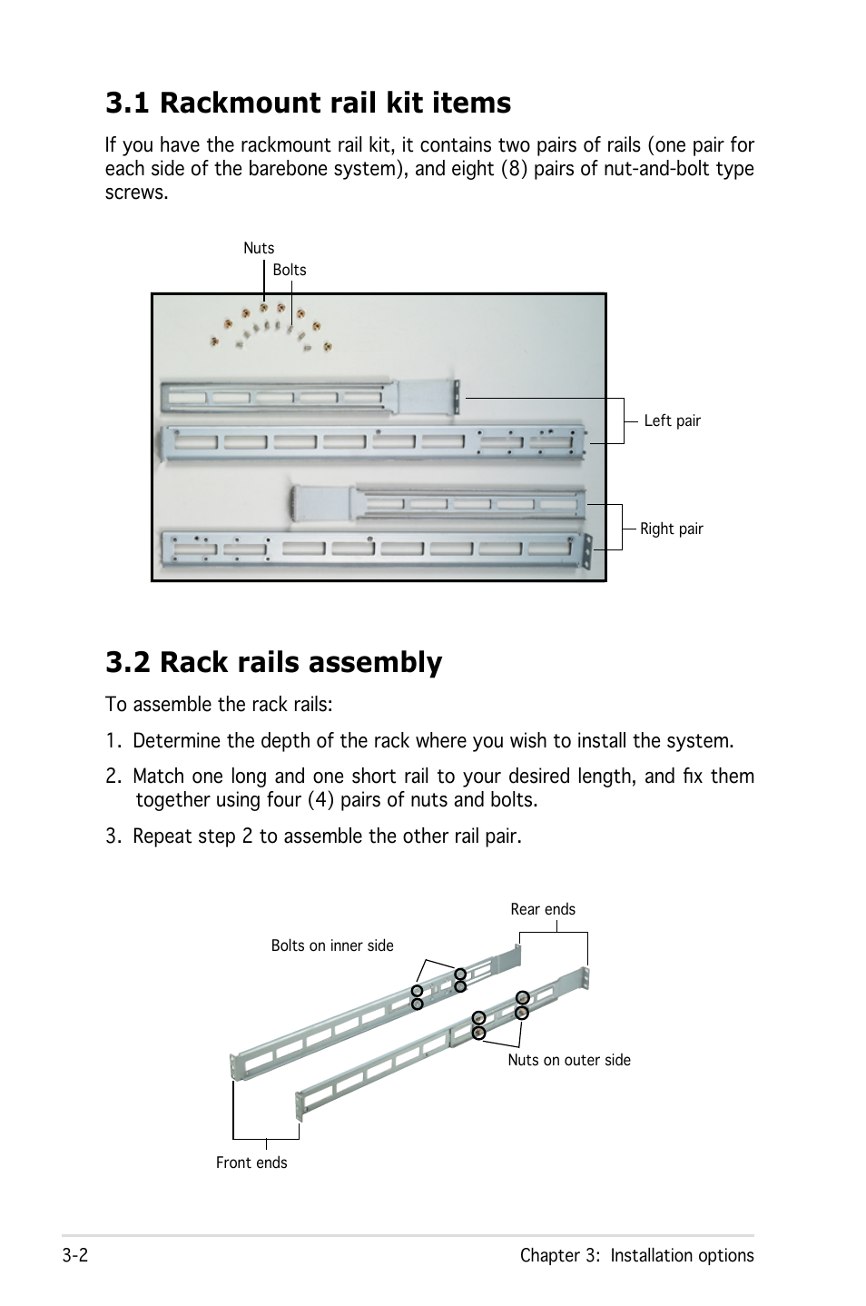 1 rackmount rail kit items, 2 rack rails assembly | Asus RS161-E4/PA2 User Manual | Page 44 / 126
