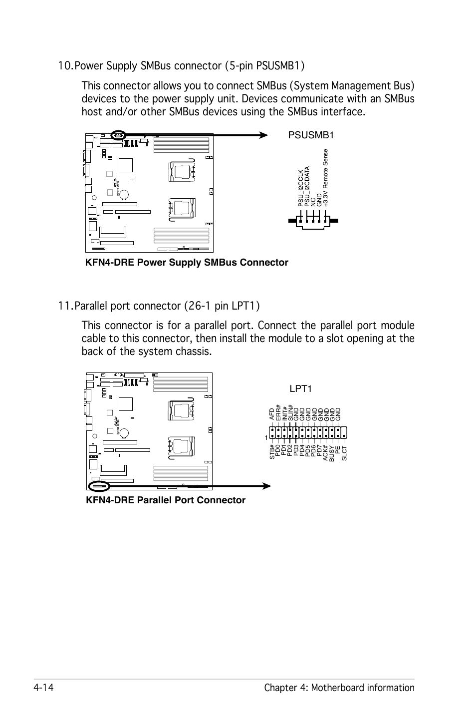 14 chapter 4: motherboard information, Kfn4-dre power supply smbus connector psusmb1, Kfn4-dre parallel port connector lpt1 | Asus RS161-E4/PA2 User Manual | Page 60 / 126