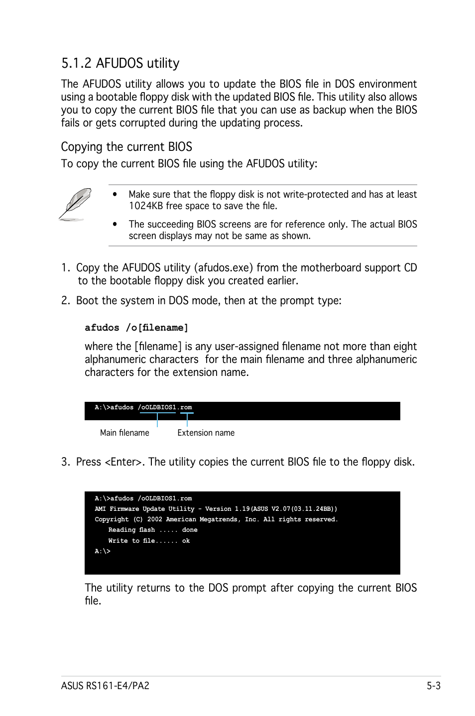 2 afudos utility, Copying the current bios | Asus RS161-E4/PA2 User Manual | Page 67 / 126