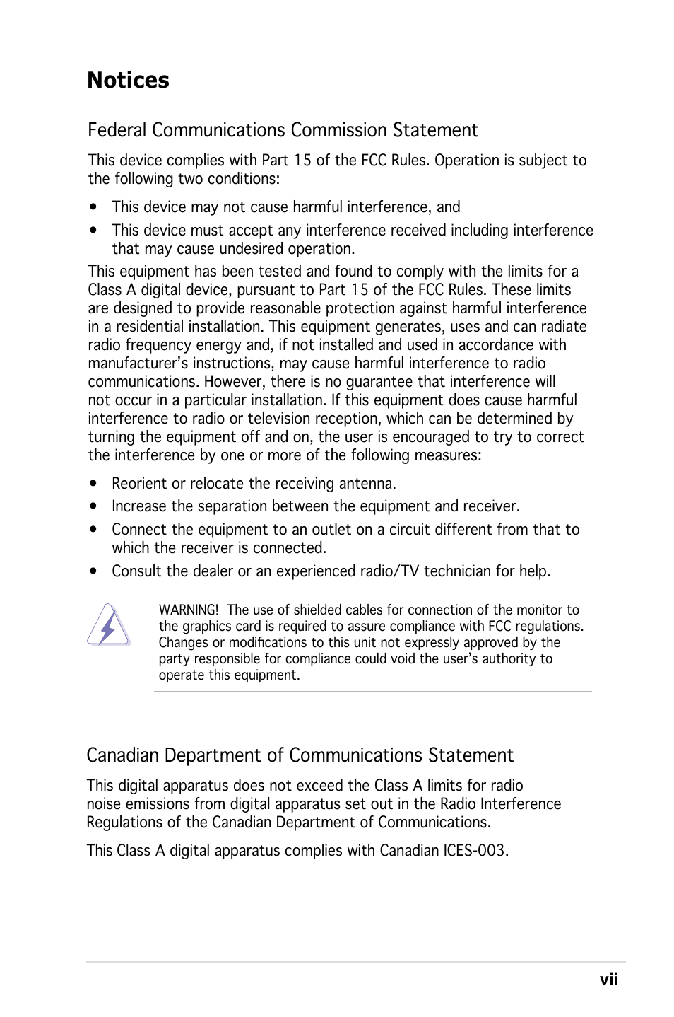 Notices, Federal communications commission statement, Canadian department of communications statement | Asus RS161-E4/PA2 User Manual | Page 7 / 126