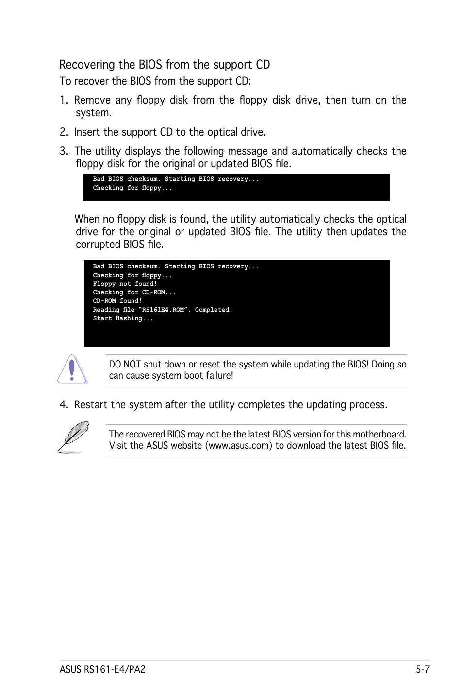 Recovering the bios from the support cd | Asus RS161-E4/PA2 User Manual | Page 71 / 126