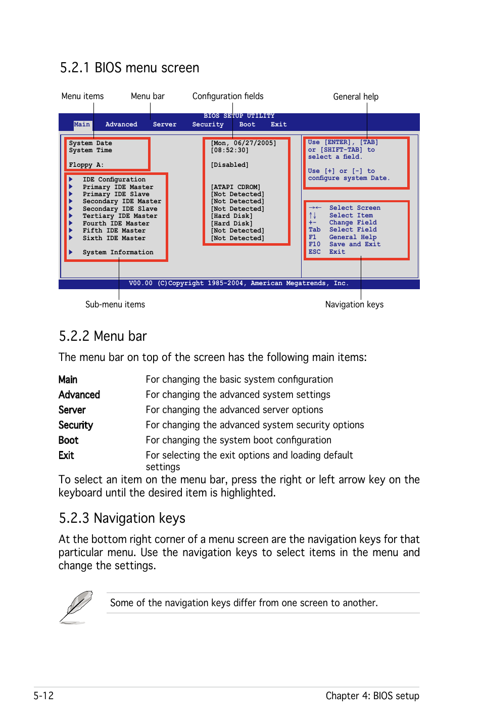 2 menu bar, 3 navigation keys, 1 bios menu screen | Asus RS161-E4/PA2 User Manual | Page 76 / 126