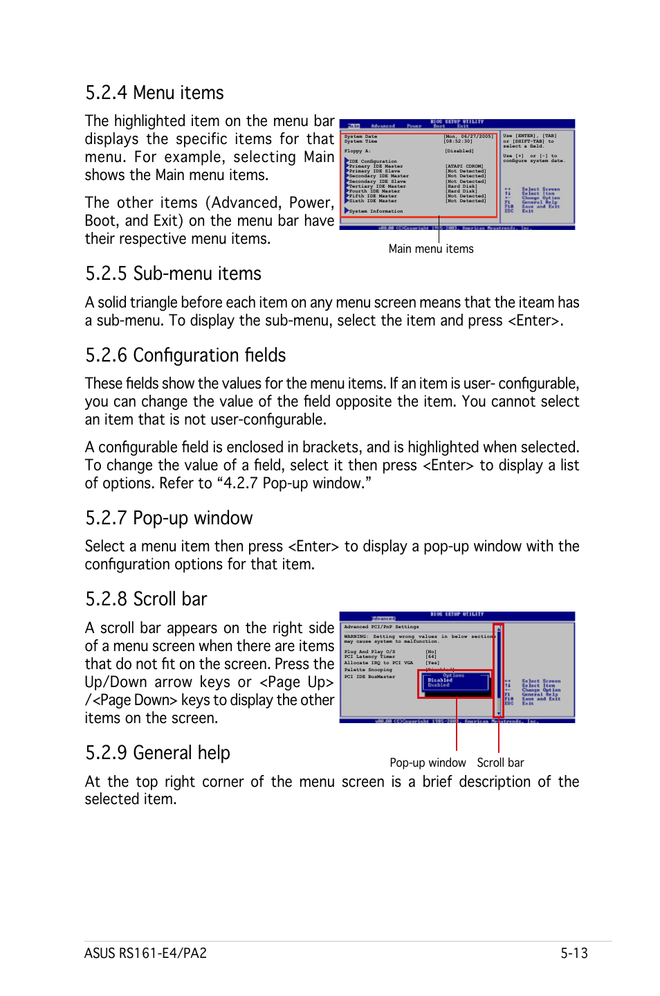 4 menu items, 5 sub-menu items, 6 configuration fields | 7 pop-up window, 8 scroll bar, 9 general help | Asus RS161-E4/PA2 User Manual | Page 77 / 126