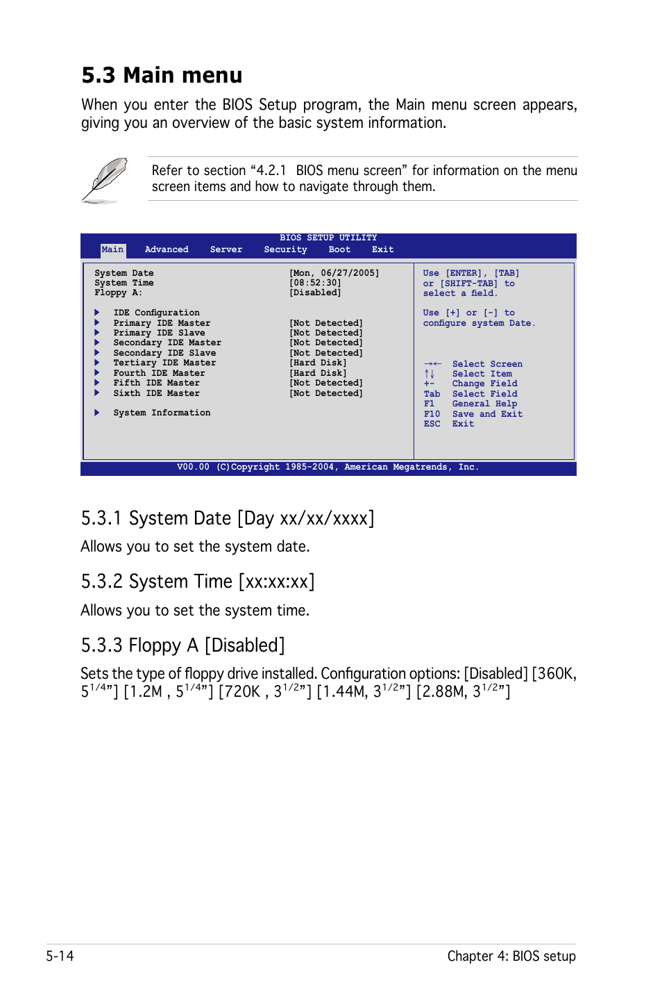 3 main menu, 2 system time [xx:xx:xx, 3 floppy a [disabled | Allows you to set the system date, Allows you to set the system time, 2m , 5, 720k , 3, 44m, 3, 88m, 3 | Asus RS161-E4/PA2 User Manual | Page 78 / 126
