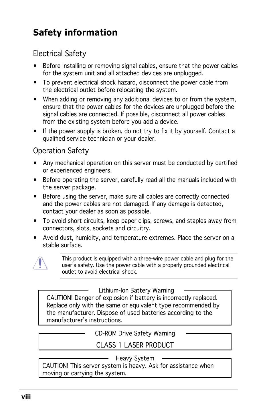 Safety information, Electrical safety, Operation safety | Asus RS161-E4/PA2 User Manual | Page 8 / 126
