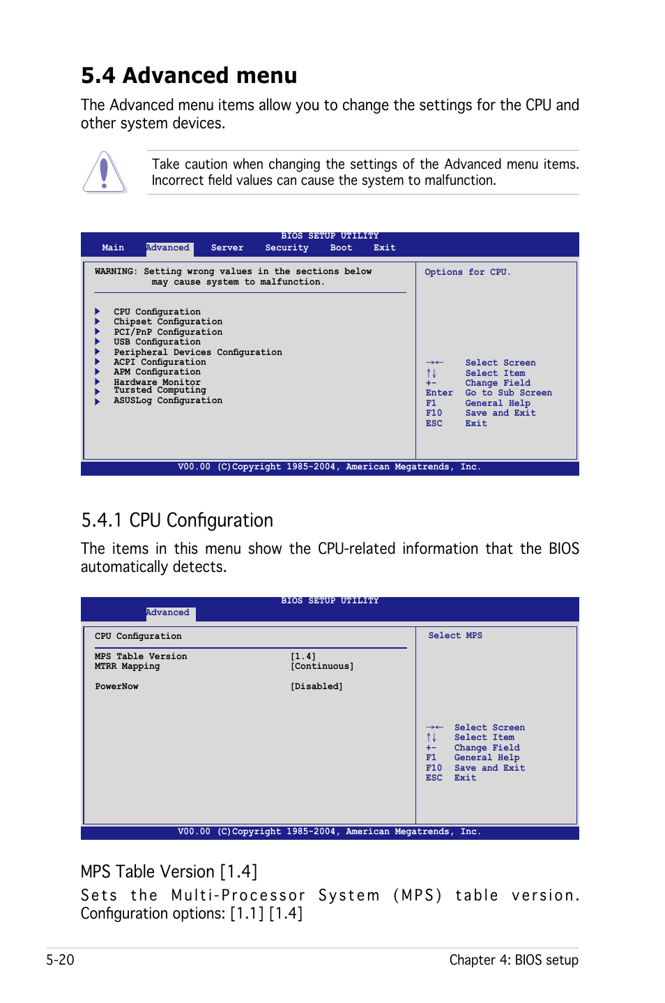 4 advanced menu, 1 cpu configuration, Mps table version [1.4 | 20 chapter 4: bios setup | Asus RS161-E4/PA2 User Manual | Page 84 / 126