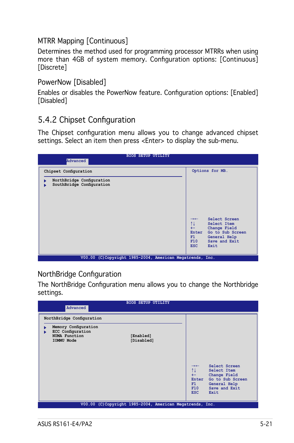 2 chipset configuration, Mtrr mapping [continuous, Powernow [disabled | Northbridge configuration | Asus RS161-E4/PA2 User Manual | Page 85 / 126