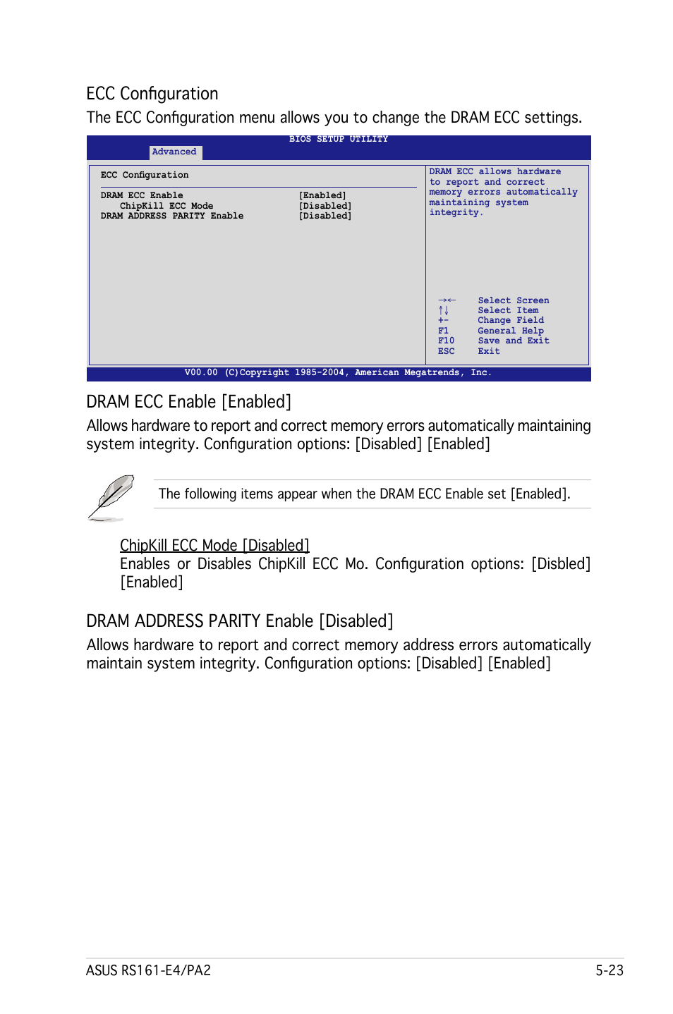 Ecc configuration, Dram ecc enable [enabled, Dram address parity enable [disabled | Asus RS161-E4/PA2 User Manual | Page 87 / 126