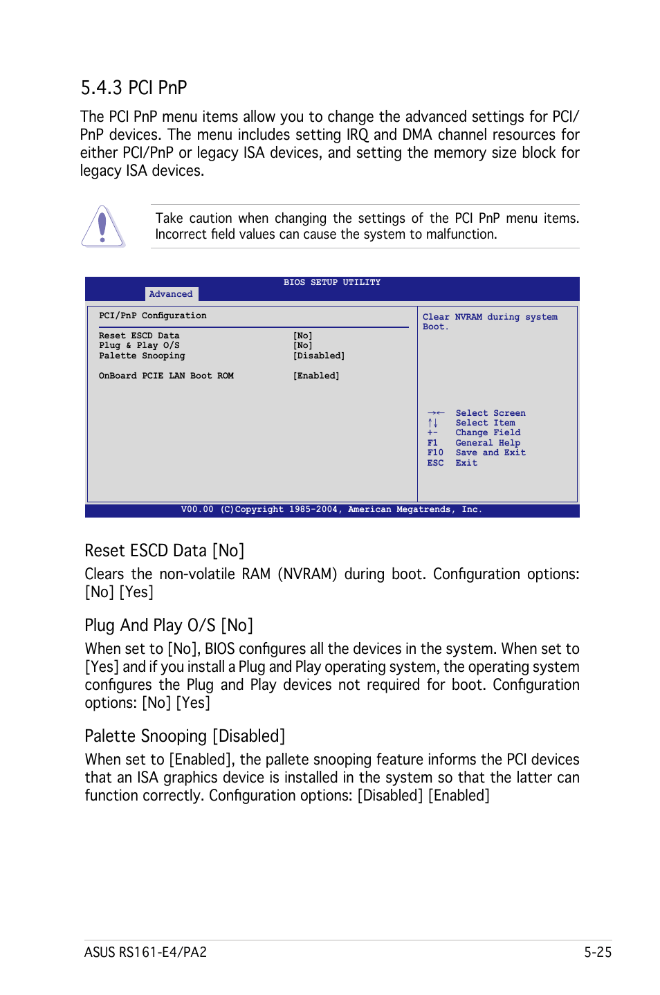 3 pci pnp, Reset escd data [no, Plug and play o/s [no | Palette snooping [disabled | Asus RS161-E4/PA2 User Manual | Page 89 / 126