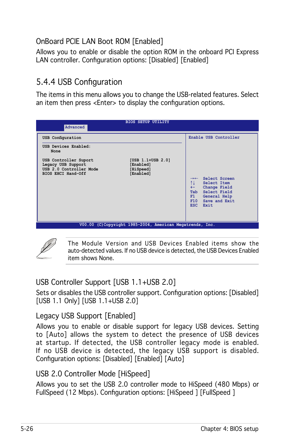 4 usb configuration, Onboard pcie lan boot rom [enabled, Usb controller support [usb 1.1+usb 2.0 | Legacy usb support [enabled, Usb 2.0 controller mode [hispeed | Asus RS161-E4/PA2 User Manual | Page 90 / 126