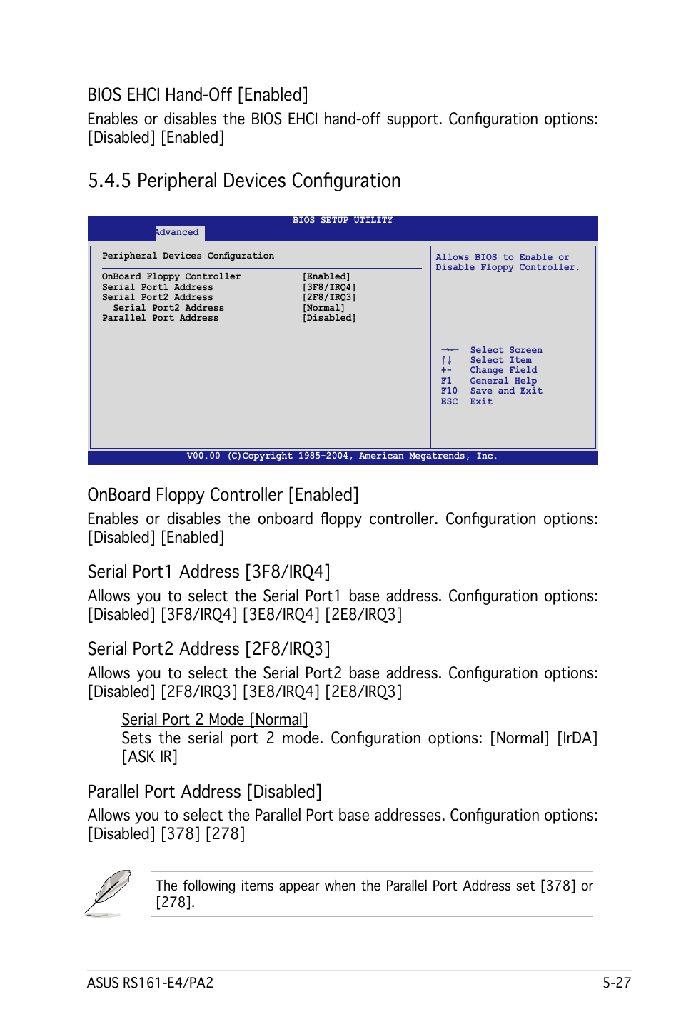 5 peripheral devices configuration, Bios ehci hand-off [enabled, Onboard floppy controller [enabled | Serial port1 address [3f8/irq4, Serial port2 address [2f8/irq3, Parallel port address [disabled | Asus RS161-E4/PA2 User Manual | Page 91 / 126
