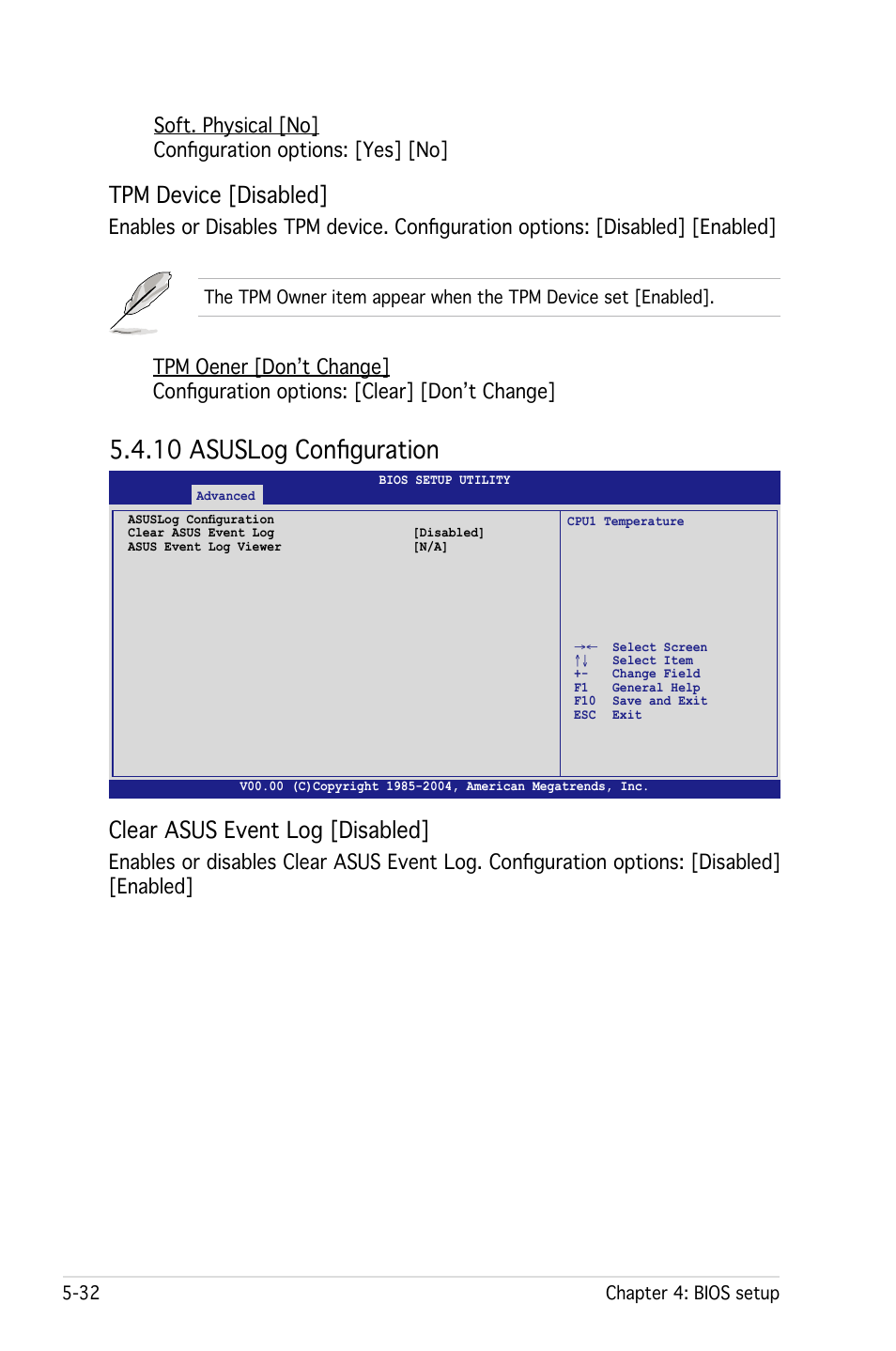 10 asuslog configuration, Tpm device [disabled, Clear asus event log [disabled | Asus RS161-E4/PA2 User Manual | Page 96 / 126