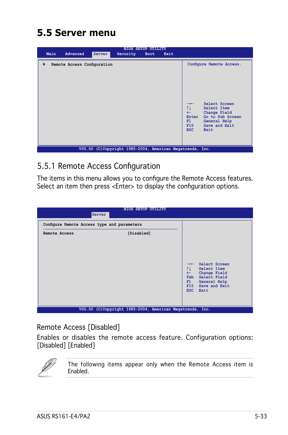 5 server menu, 1 remote access configuration, Remote access [disabled | Asus RS161-E4/PA2 User Manual | Page 97 / 126