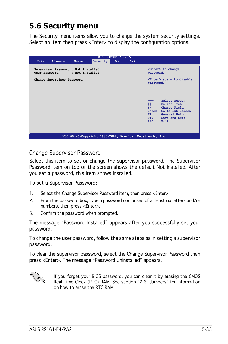 6 security menu, Change supervisor password | Asus RS161-E4/PA2 User Manual | Page 99 / 126