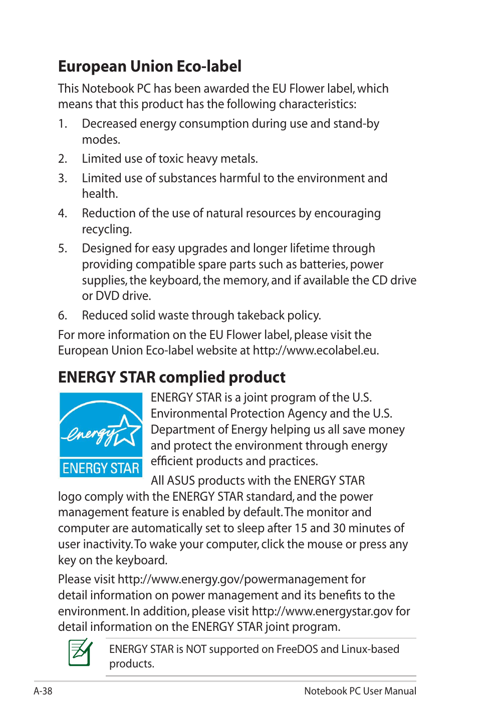 European union eco-label, Energy star complied product | Asus R900VM User Manual | Page 118 / 122