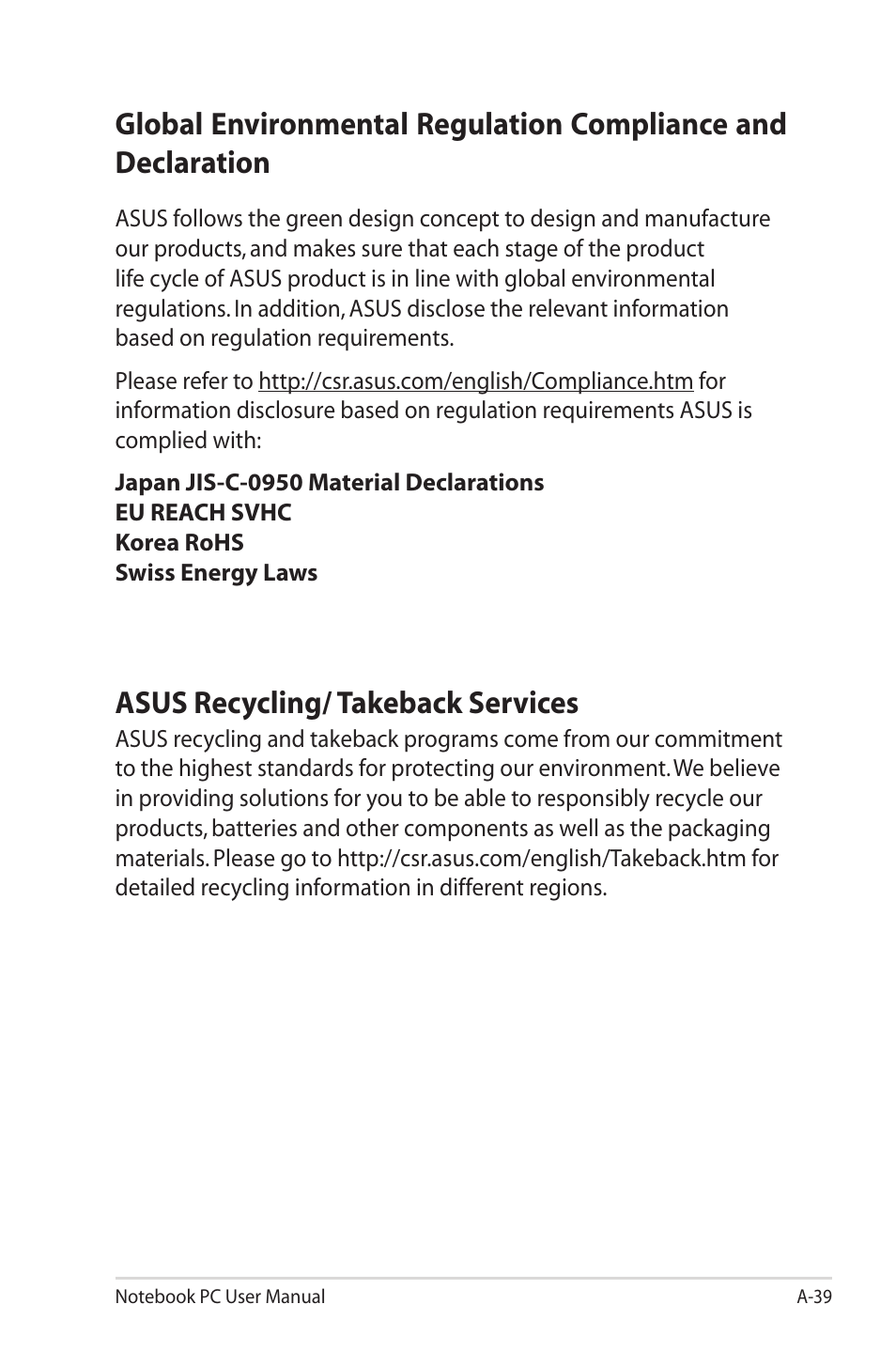 Asus recycling/ takeback services | Asus R900VM User Manual | Page 119 / 122