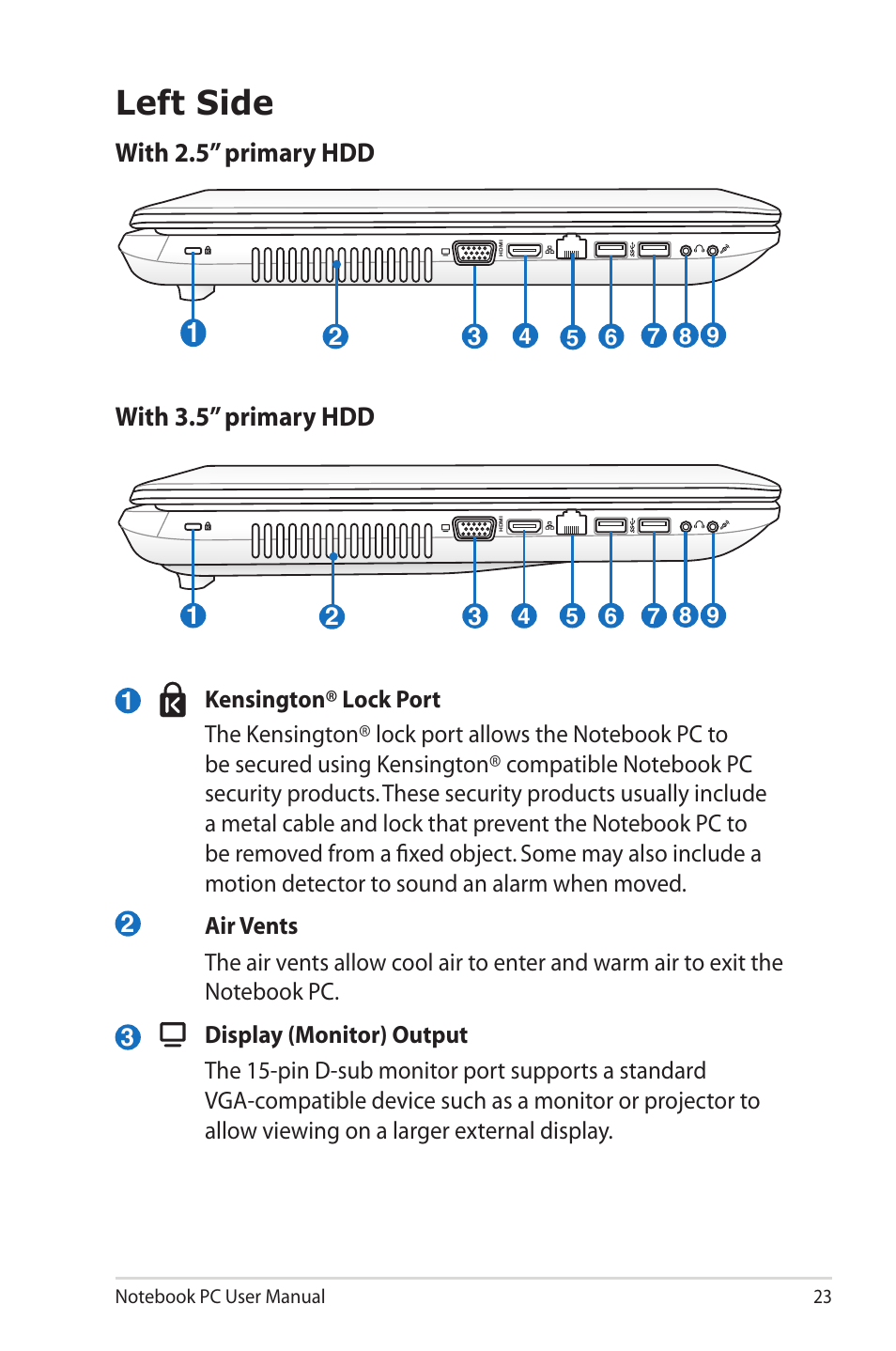 Left side, With 3.5” primary hdd with 2.5” primary hdd | Asus R900VM User Manual | Page 23 / 122