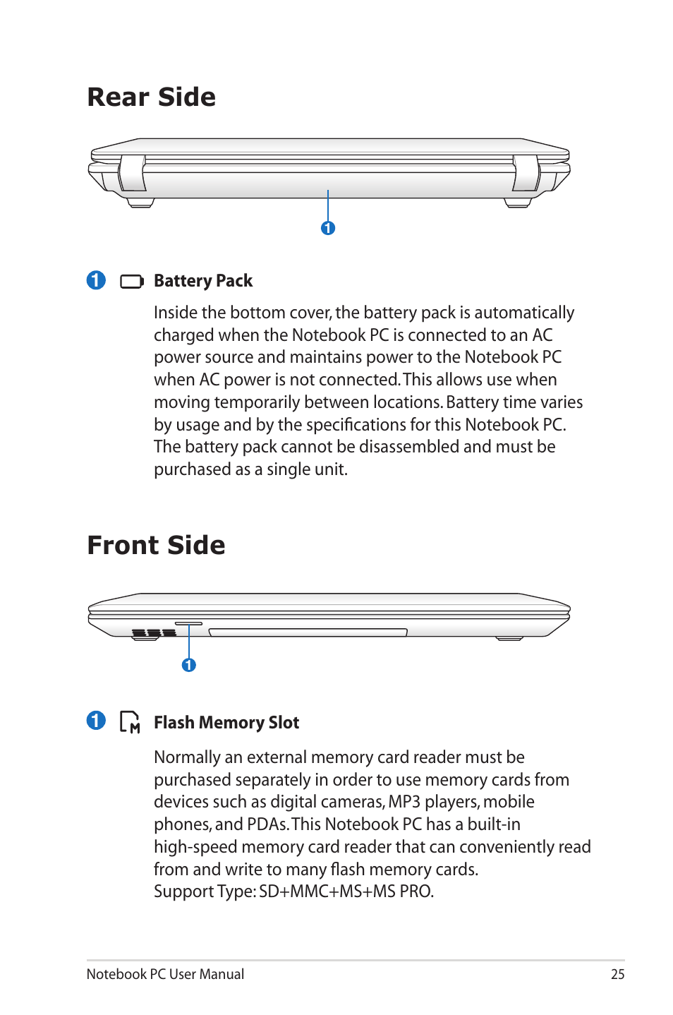 Rear side, Front side, Rear side front side | Asus R900VM User Manual | Page 25 / 122