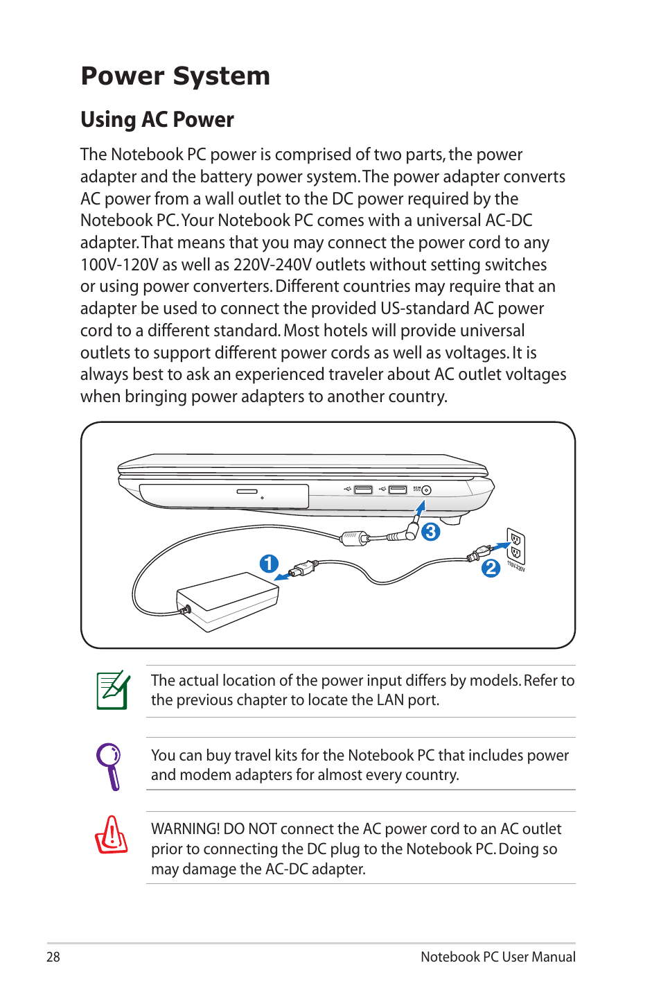 Power system, Using ac power | Asus R900VM User Manual | Page 28 / 122