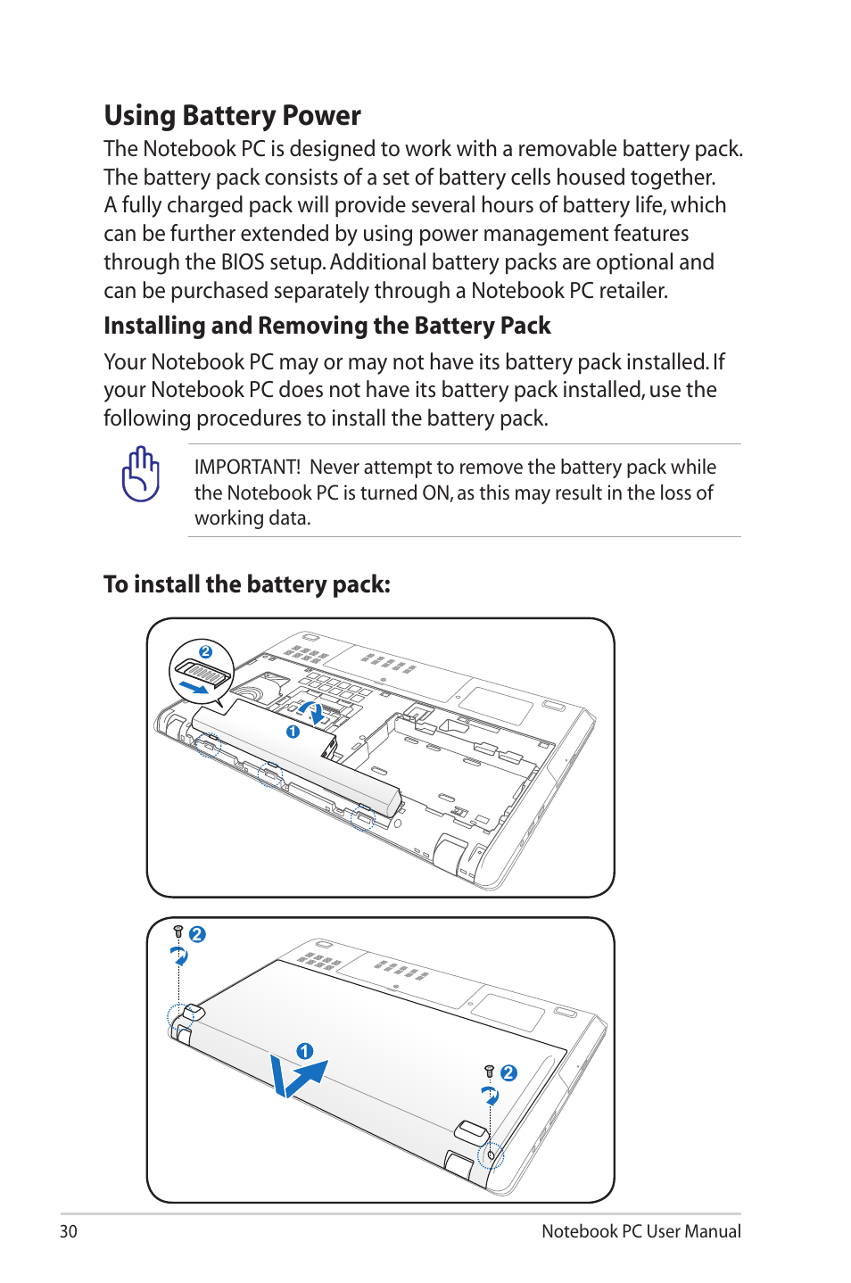 Using battery power, Installing and removing the battery pack | Asus R900VM User Manual | Page 30 / 122