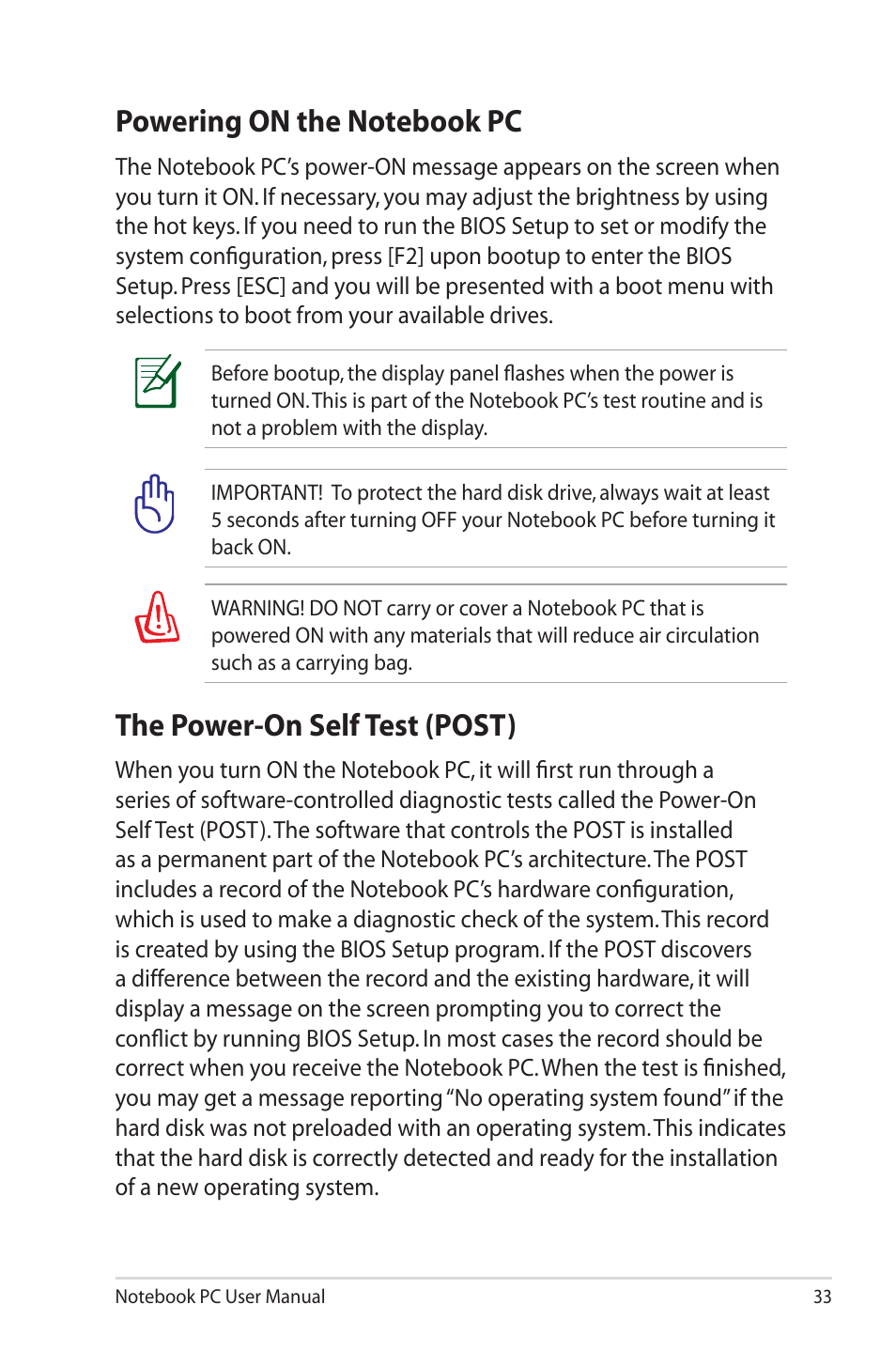 Powering on the notebook pc, The power-on self test (post) | Asus R900VM User Manual | Page 33 / 122