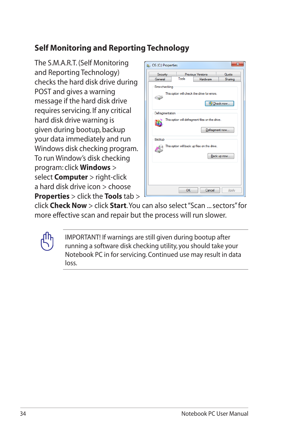 Self monitoring and reporting technology | Asus R900VM User Manual | Page 34 / 122