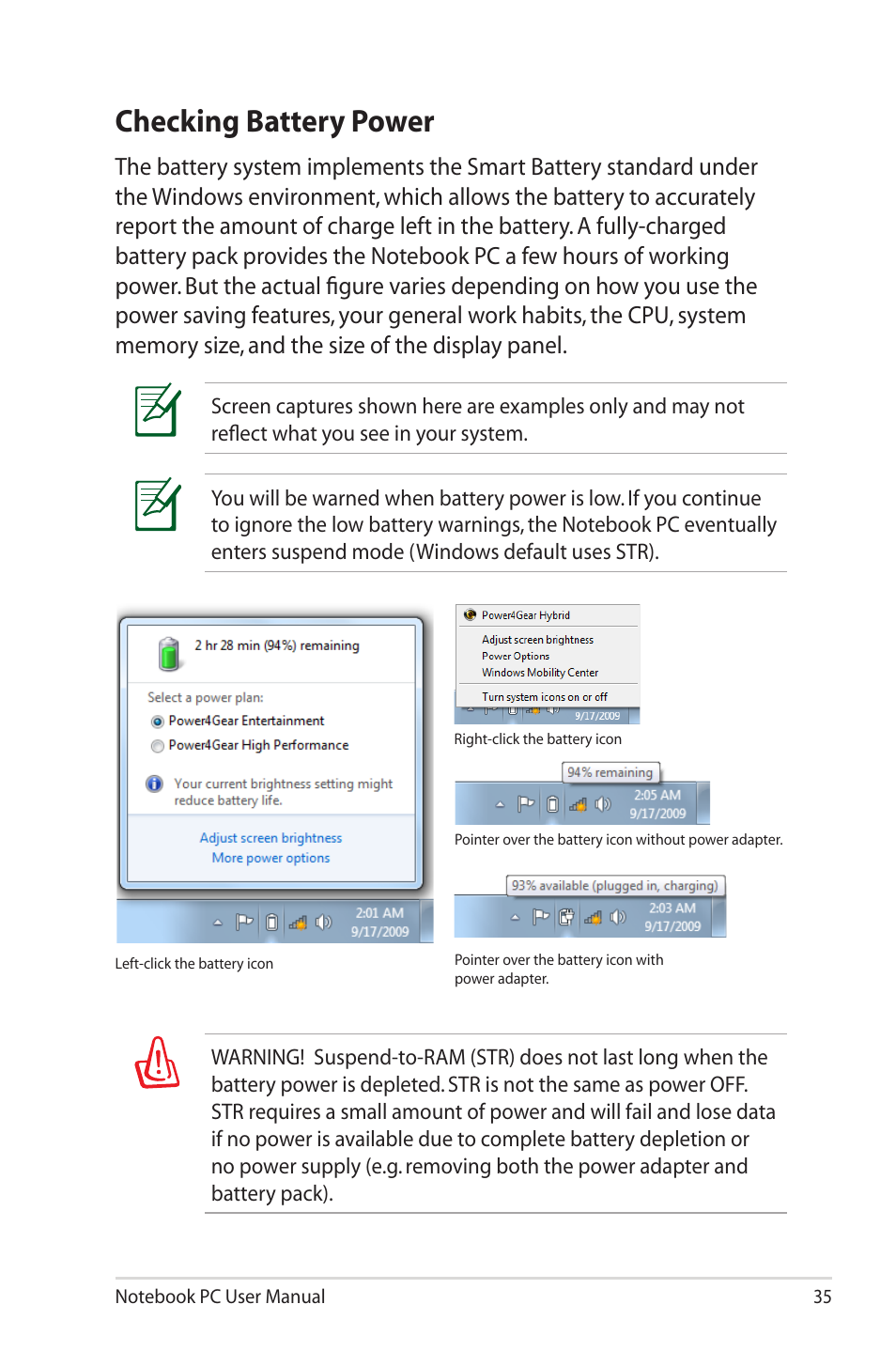 Checking battery power | Asus R900VM User Manual | Page 35 / 122