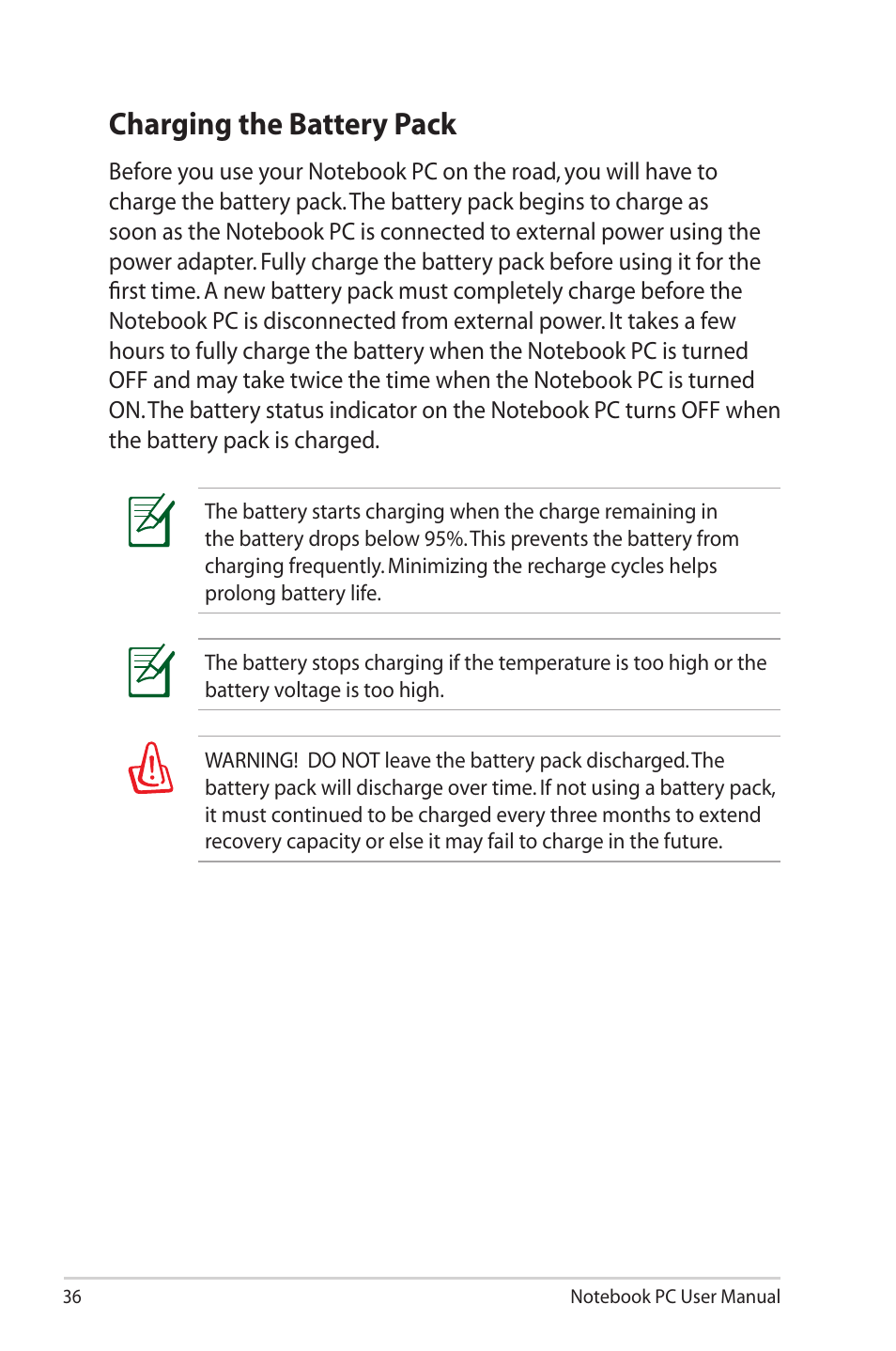 Charging the battery pack | Asus R900VM User Manual | Page 36 / 122