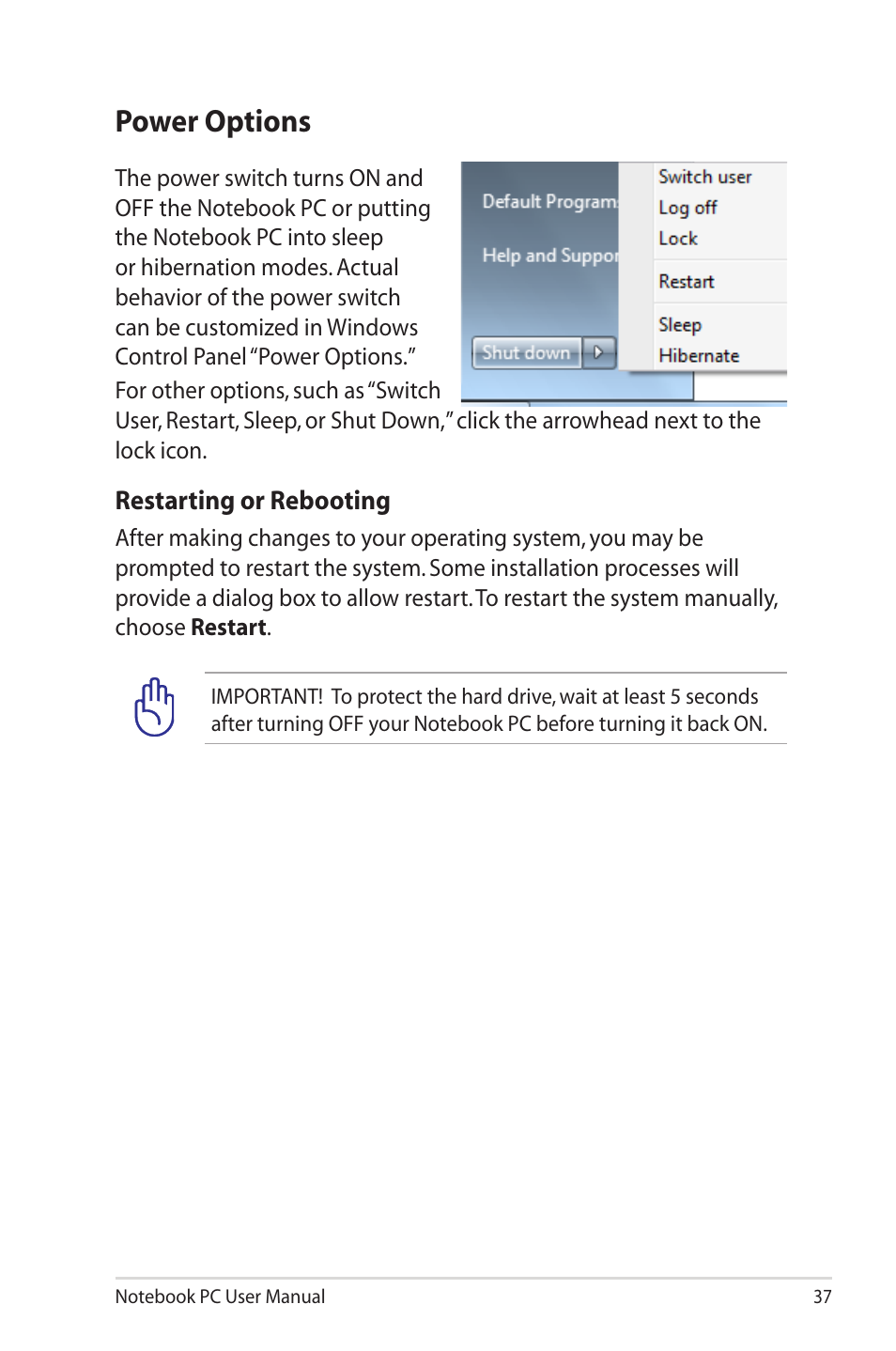 Power options | Asus R900VM User Manual | Page 37 / 122