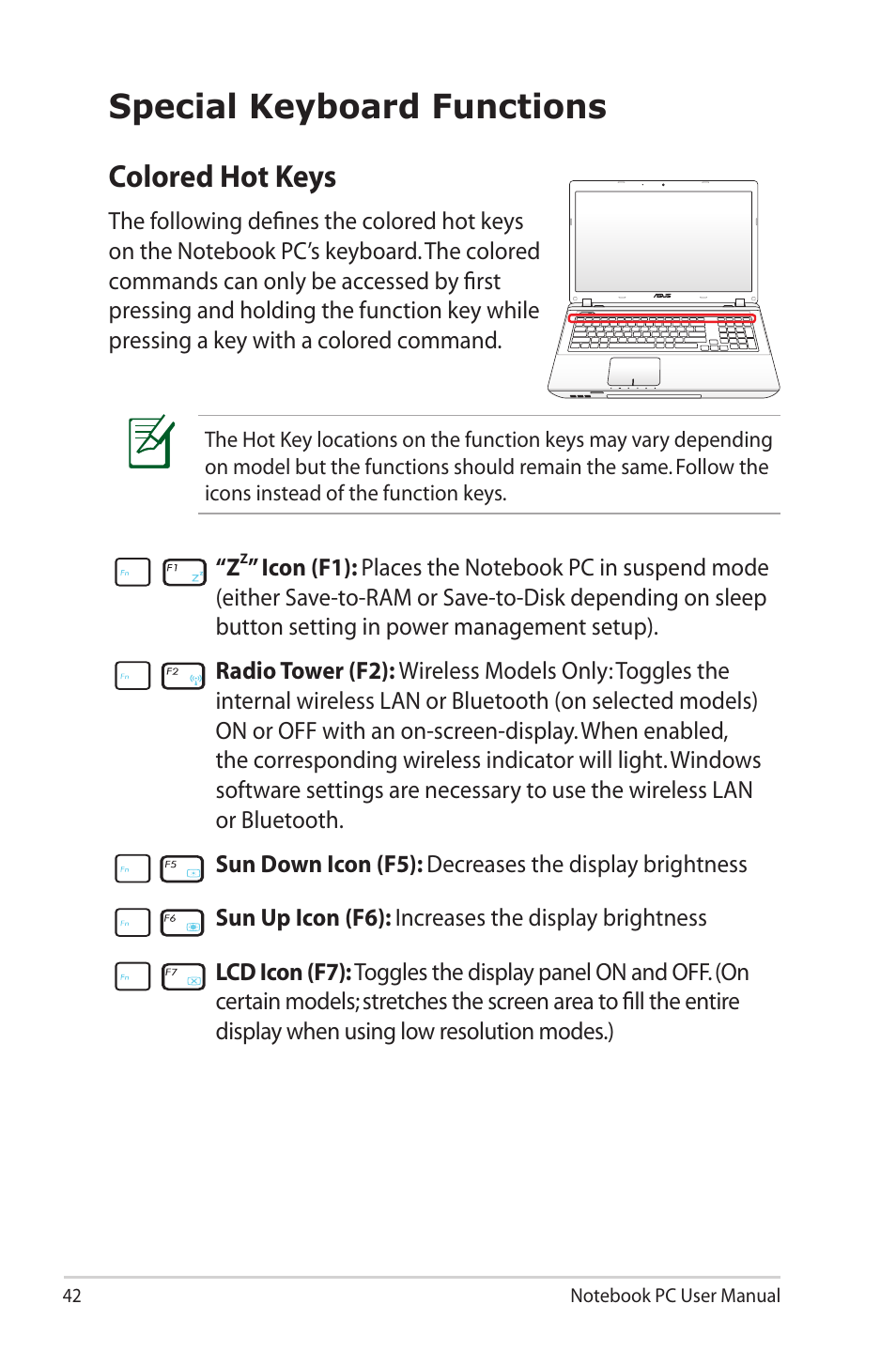 Special keyboard functions, Colored hot keys | Asus R900VM User Manual | Page 42 / 122