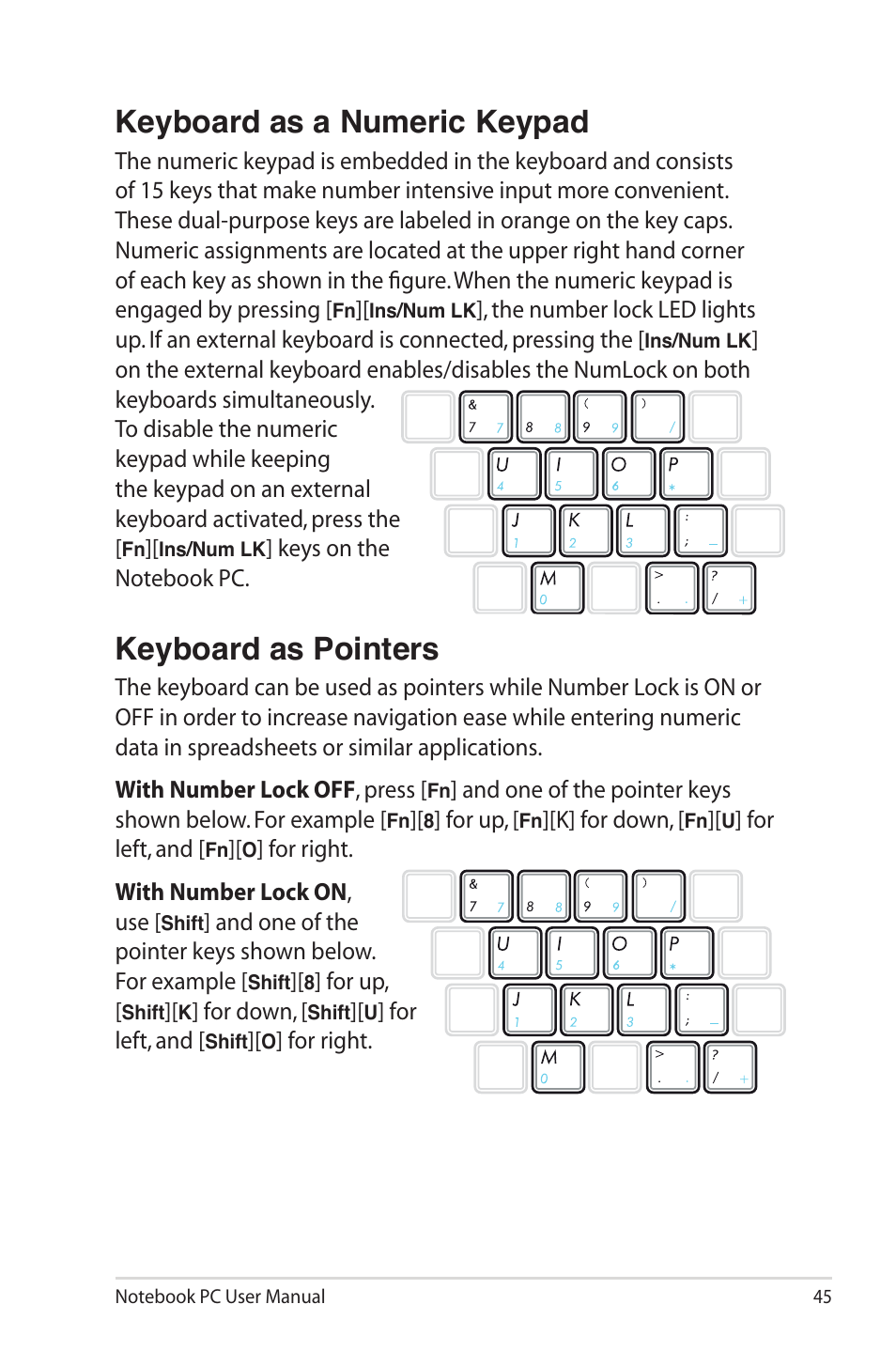 Keyboard as a numeric keypad, Keyboard as pointers | Asus R900VM User Manual | Page 45 / 122