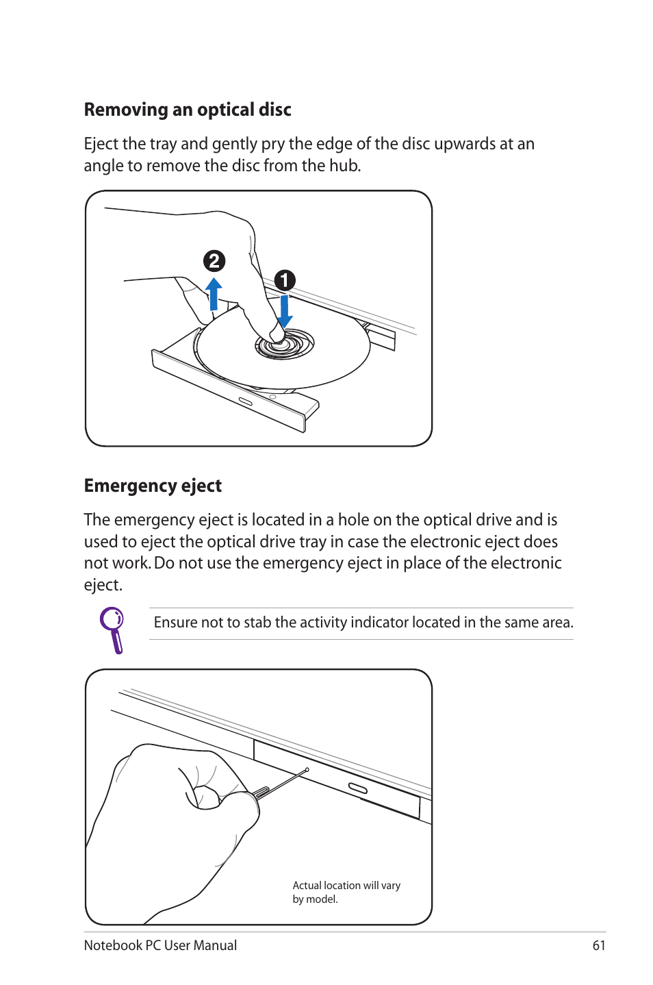 Emergency eject, Removing an optical disc | Asus R900VM User Manual | Page 61 / 122