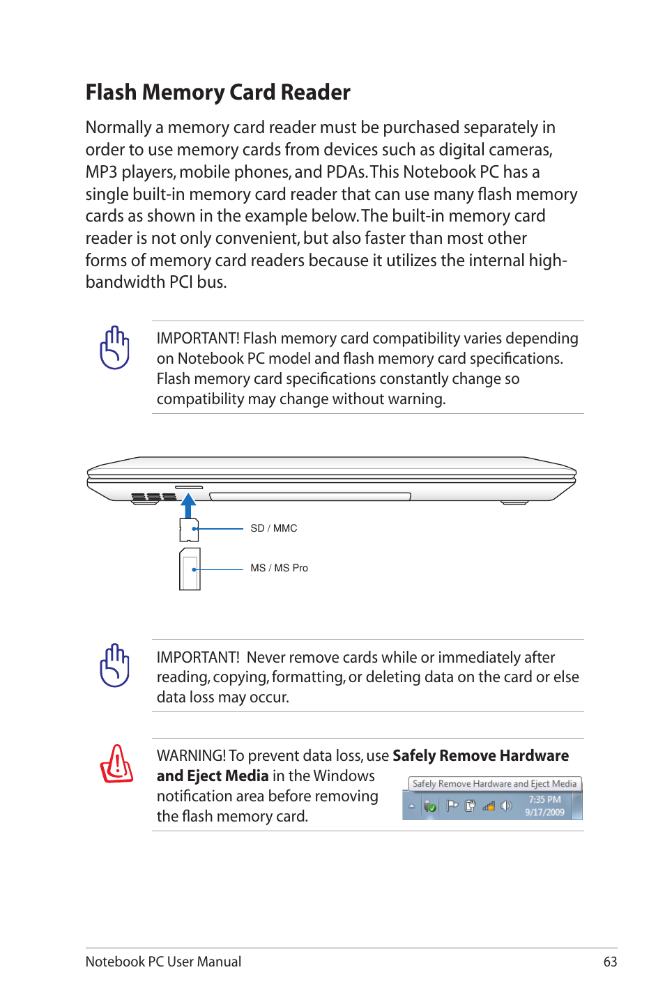 Flash memory card reader | Asus R900VM User Manual | Page 63 / 122