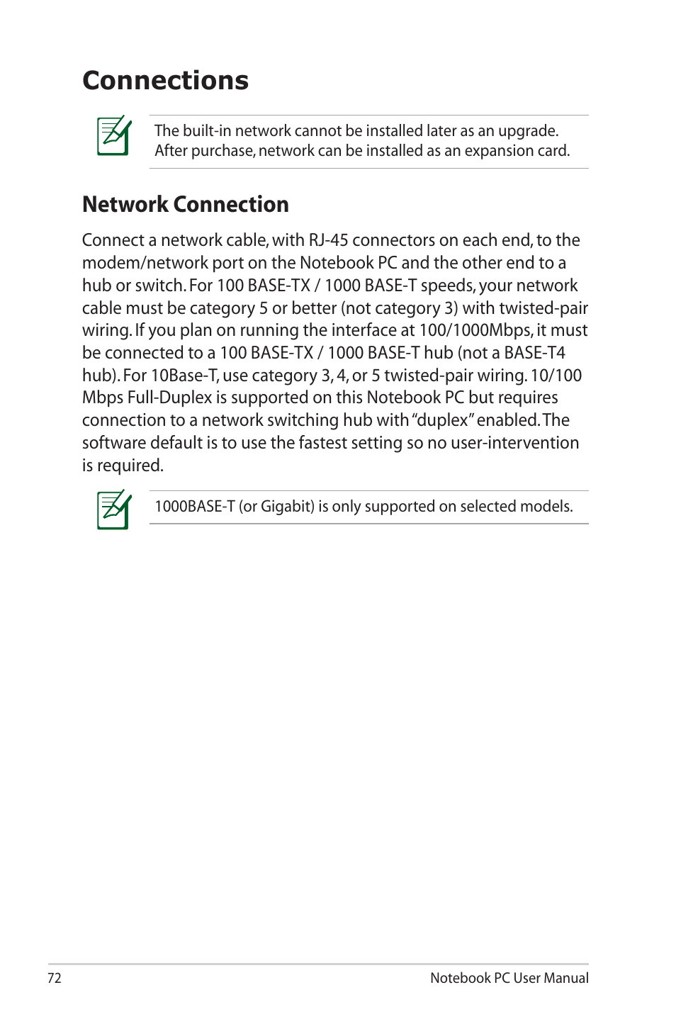 Connections, Network connection | Asus R900VM User Manual | Page 72 / 122