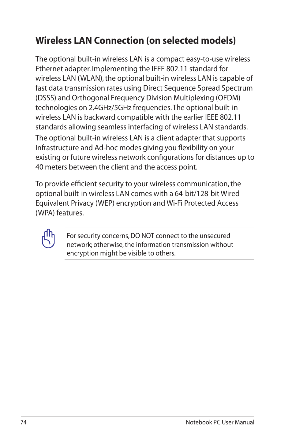 Wireless lan connection (on selected models) | Asus R900VM User Manual | Page 74 / 122