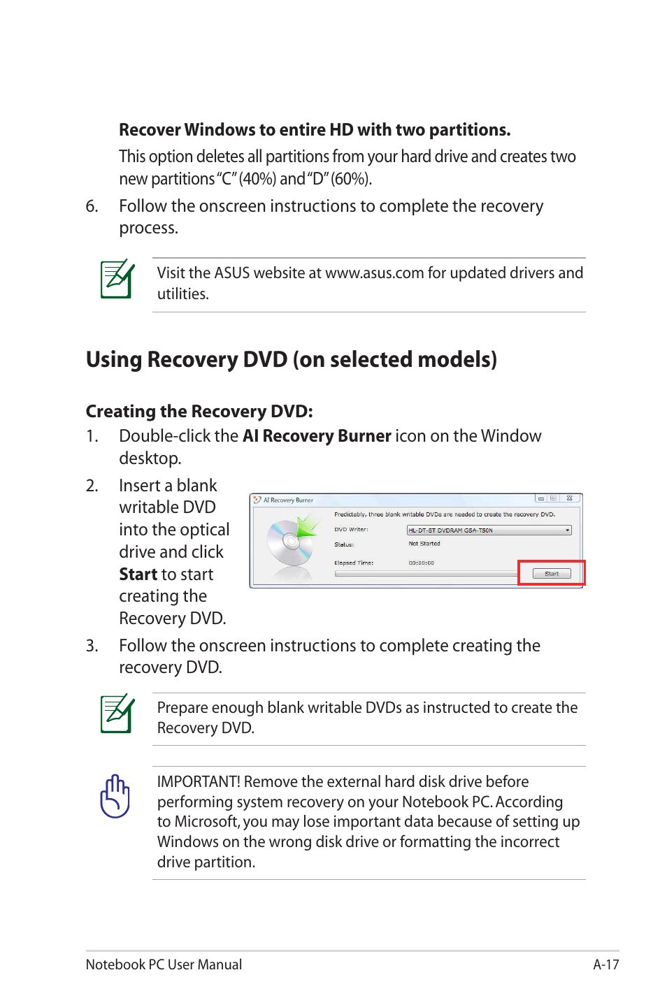 Using recovery dvd (on selected models) | Asus R900VM User Manual | Page 97 / 122