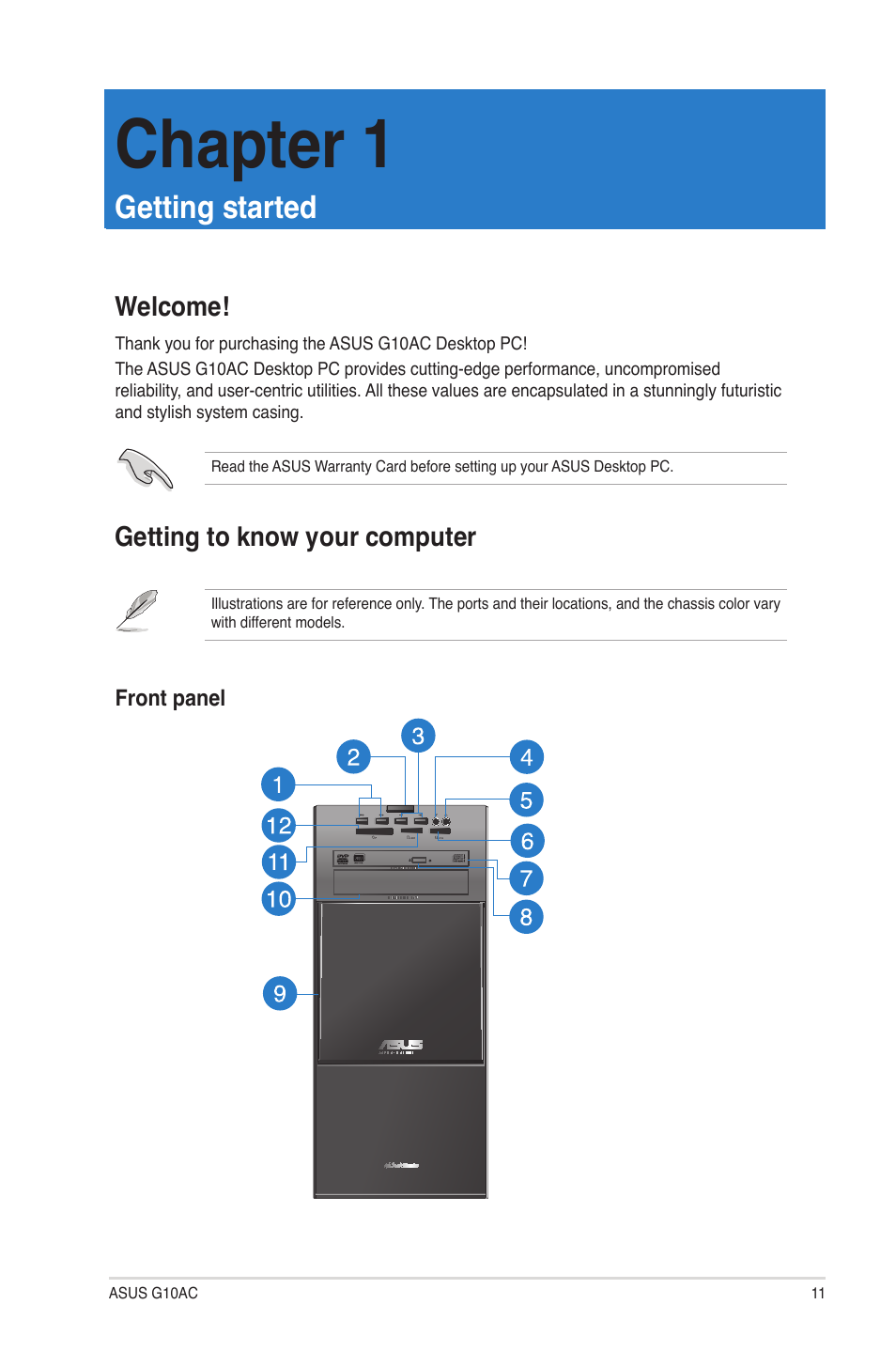 Chapter 1: getting started, Welcome, Getting to know your computer | Getting started, Welcome! getting to know your computer, Chapter 1 | Asus G10AC User Manual | Page 11 / 72