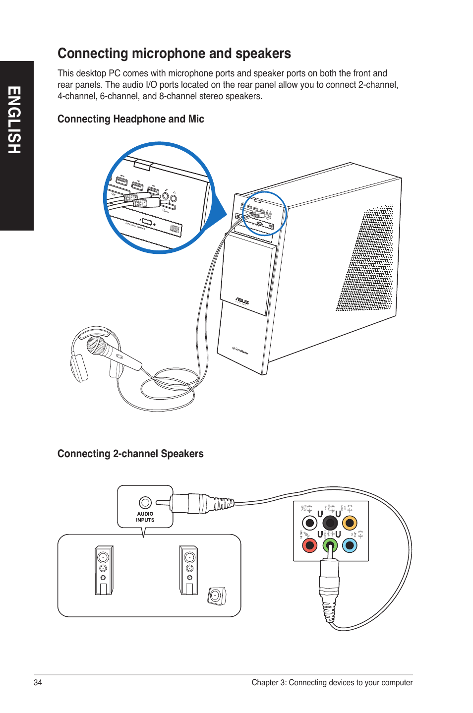 Connecting microphone and speakers, En gl is h en gl is h en gl is h en gl is h | Asus G10AC User Manual | Page 34 / 72