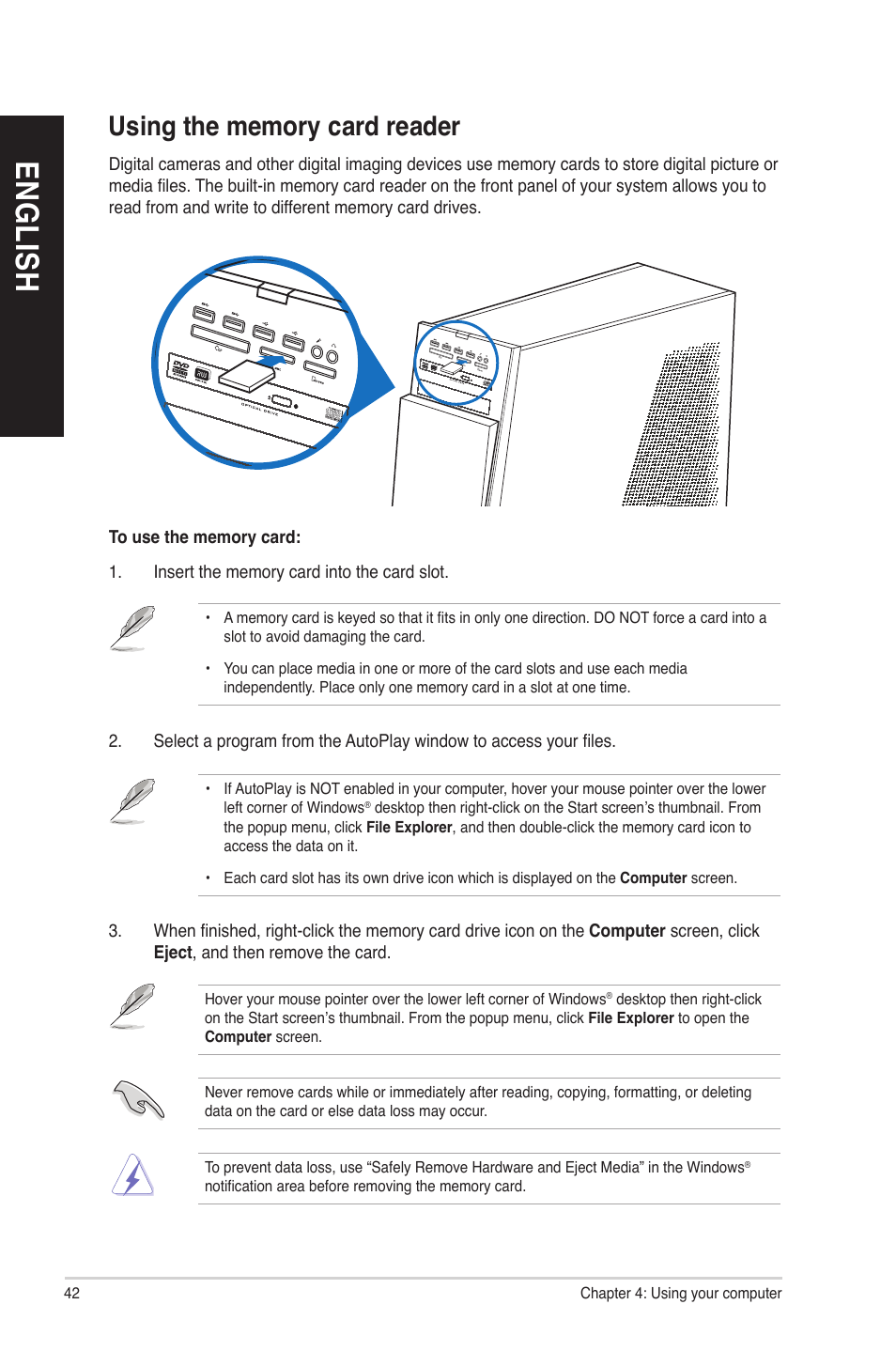 Using the memory card reader, En gl is h en gl is h en gl is h en gl is h | Asus G10AC User Manual | Page 42 / 72