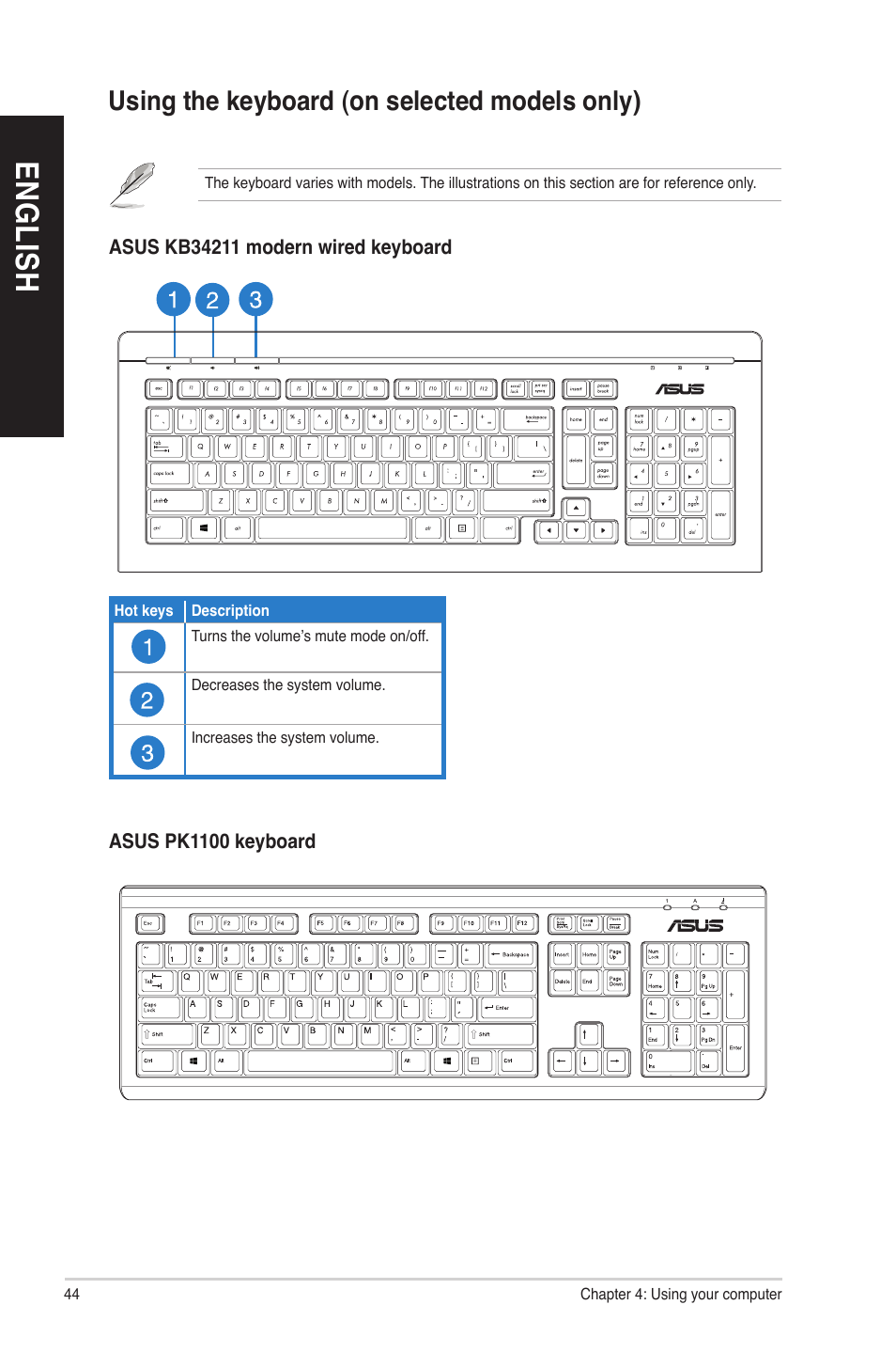 Using the keyboard (on selected models only), En gl is h en gl is h | Asus G10AC User Manual | Page 44 / 72